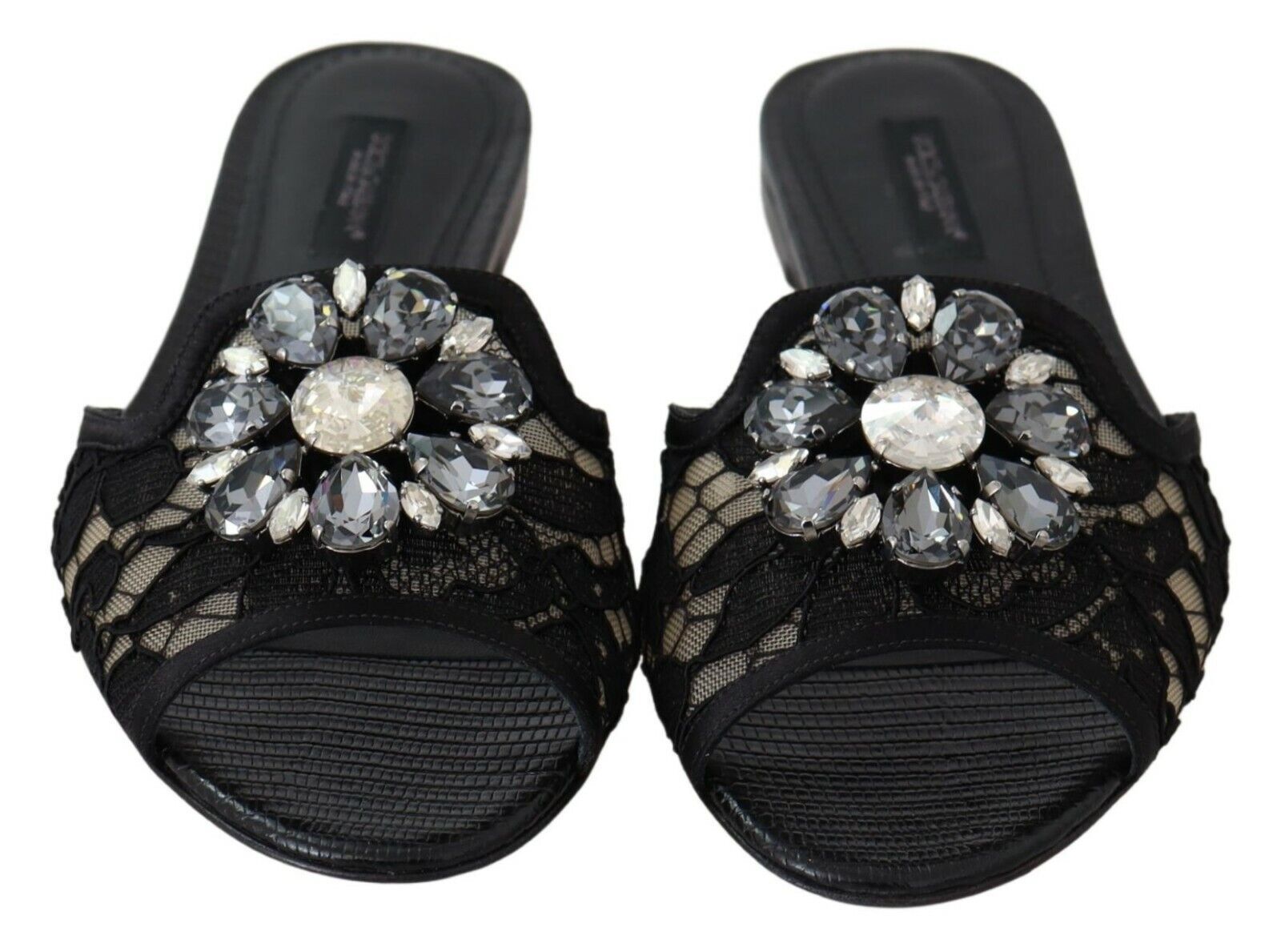Dolce & Gabbana Schwarz Taormina Spitze Slides Kristalle Flats Schuhe
