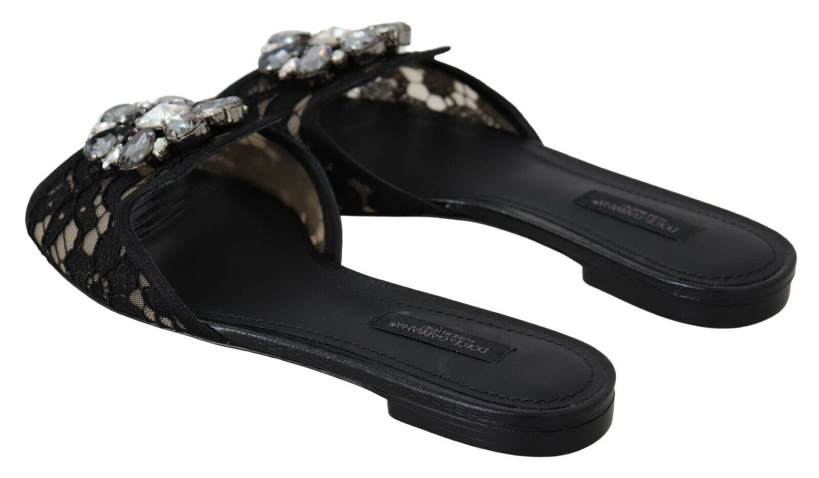 Dolce & Gabbana Schwarz Taormina Spitze Slides Kristalle Flats Schuhe