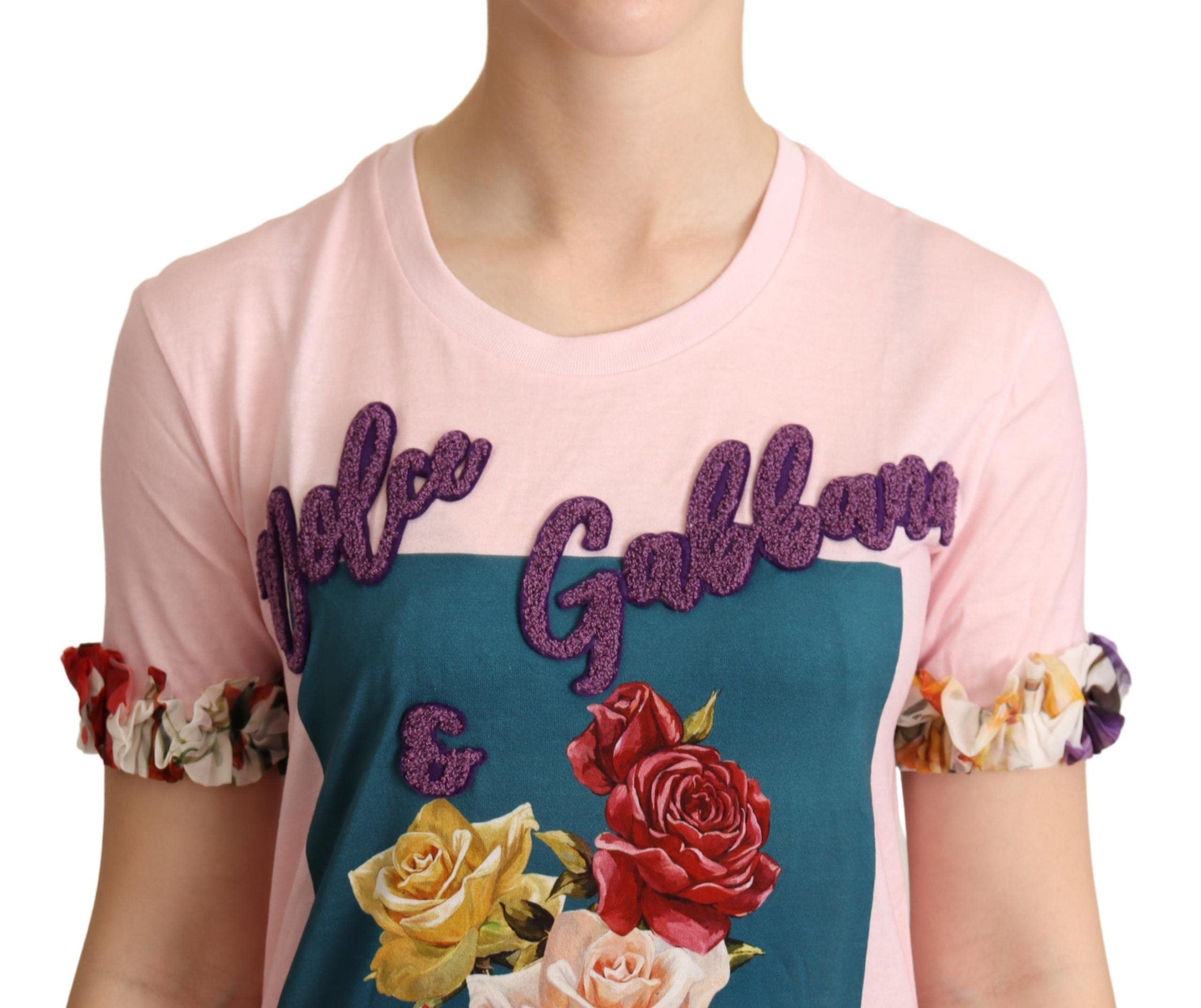 Dolce & Gabbana Rosa Baumwoll-T-Shirt mit geblümten Rosen und Rundhalsausschnitt