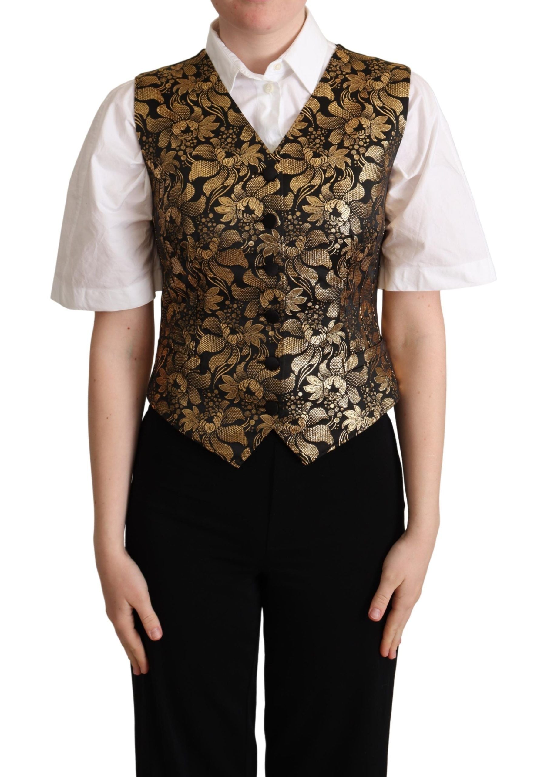 Dolce &amp; Gabbana Black and Gold Jacquard Silk Vest