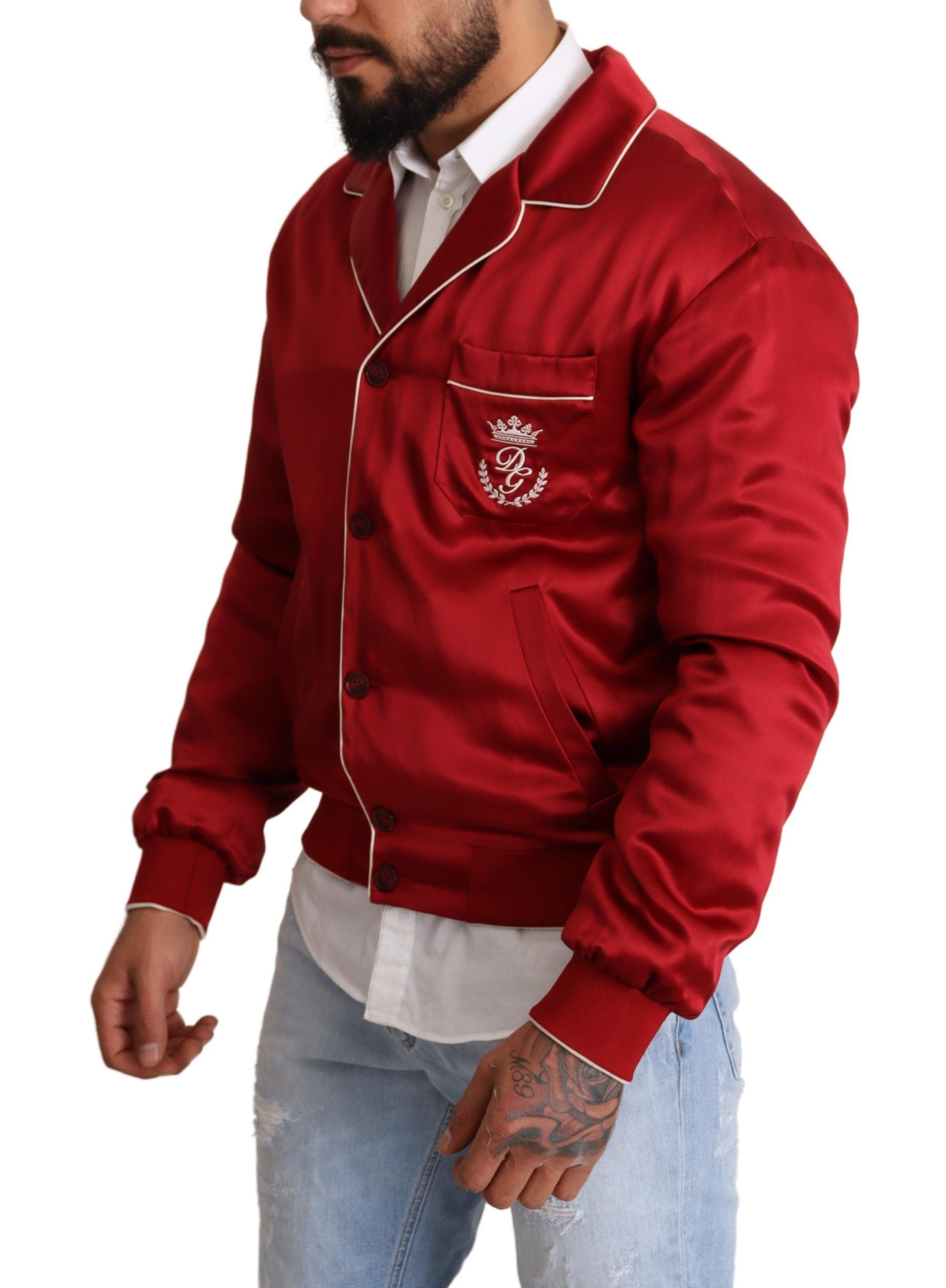 Dolce & Gabbana Rote Seidenknopf-DG-Logo-Bomberjacke