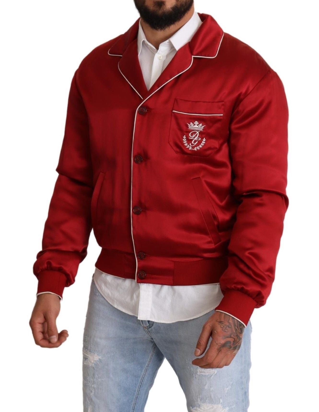 Dolce & Gabbana Rote Seidenknopf-DG-Logo-Bomberjacke