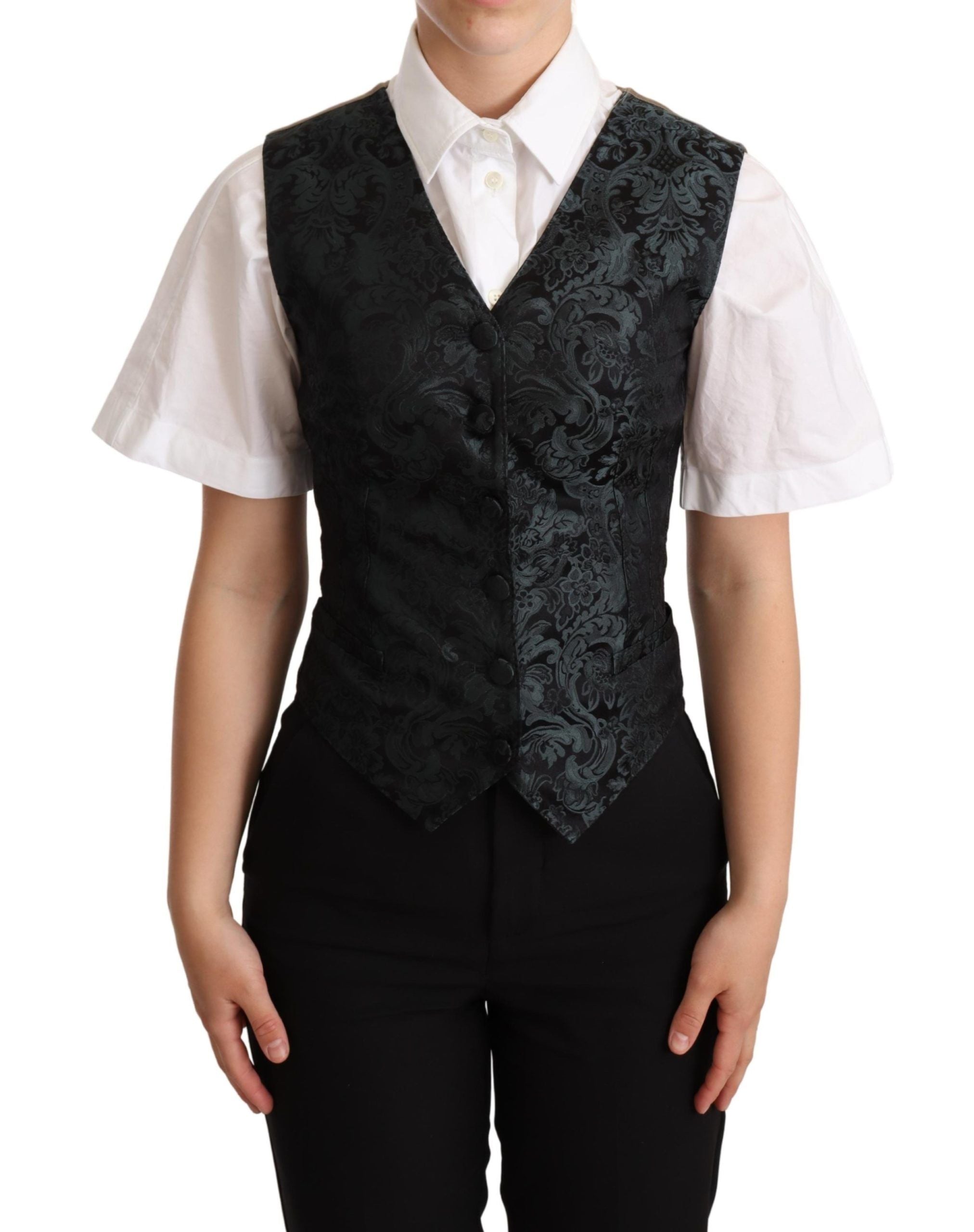 Dolce &amp; Gabbana Black Jacquard Floral Vest Waistcoat Green