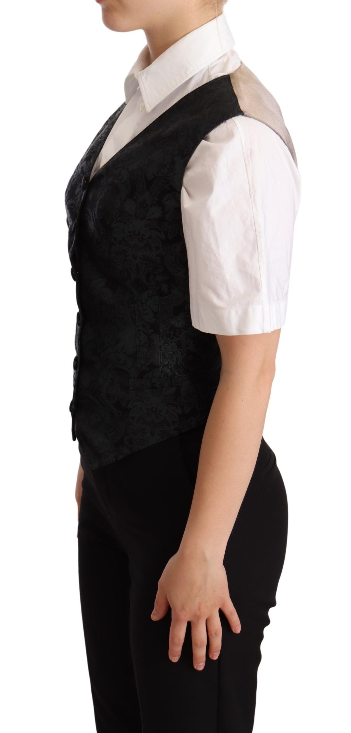 Dolce &amp; Gabbana Black Jacquard Floral Vest Waistcoat Green