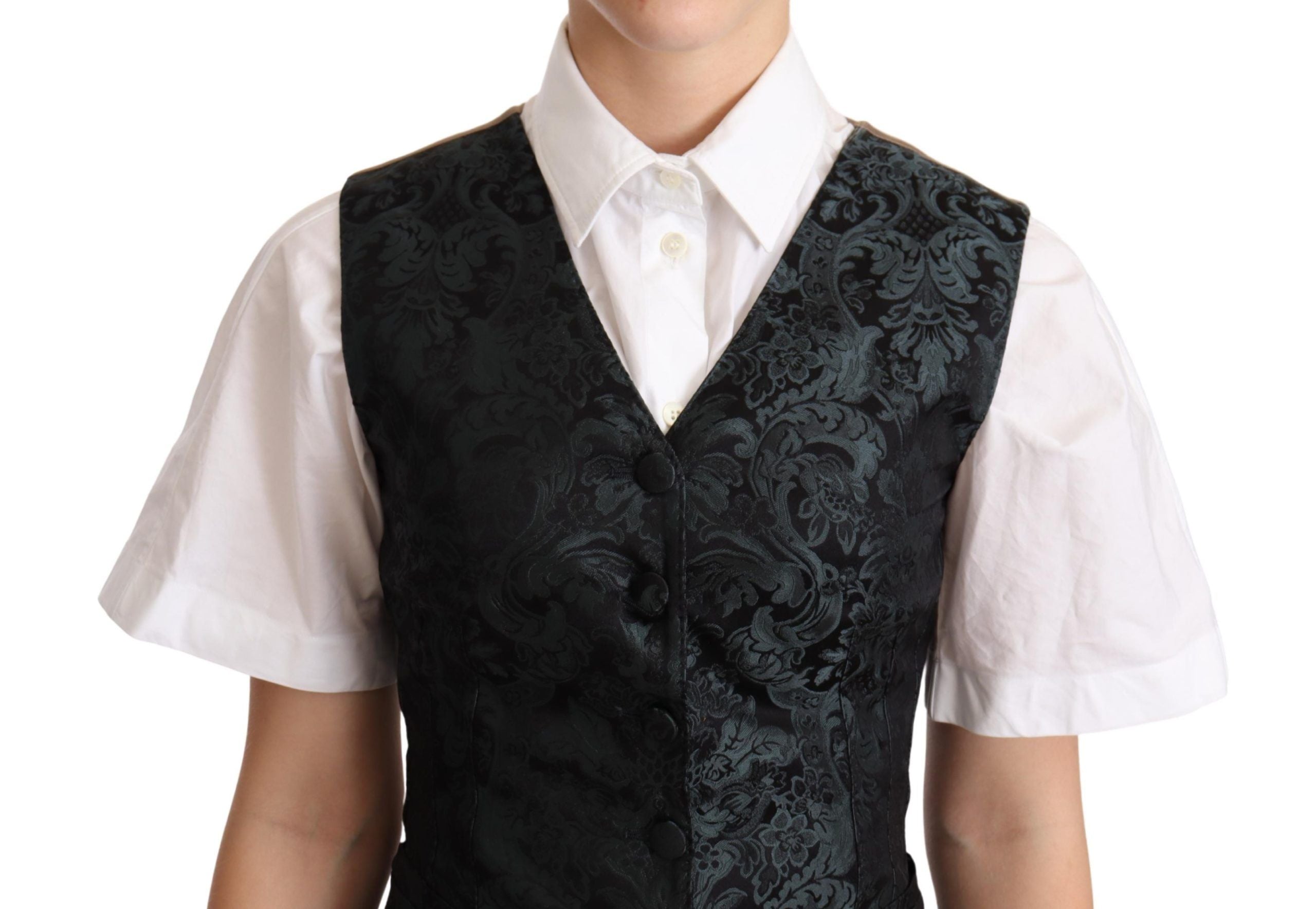 Dolce &amp; Gabbana Black Jacquard Floral Vest Waistcoat Green
