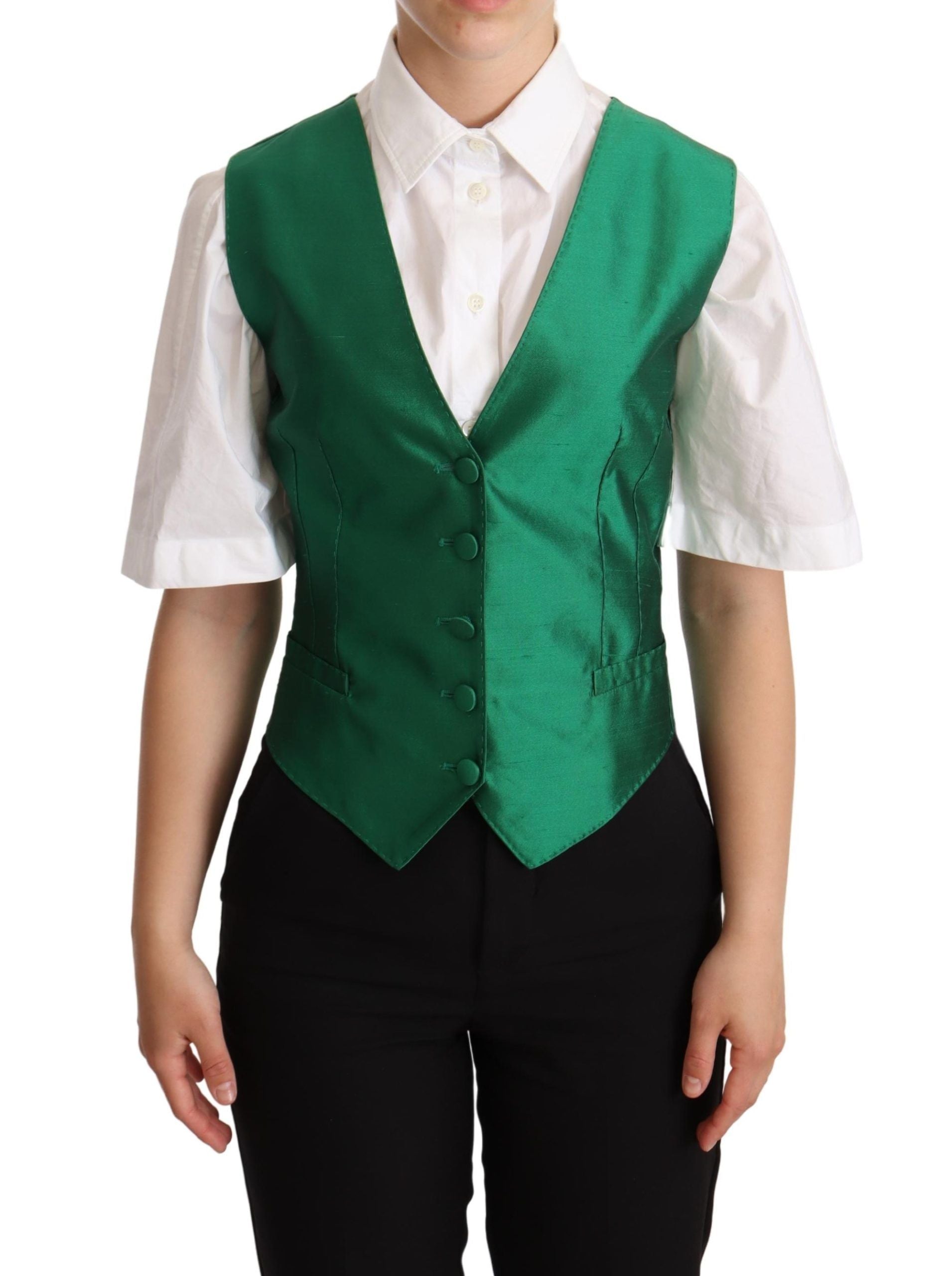 Dolce &amp; Gabbana Green Silk Satin Sleeveless Vest Waistcoat