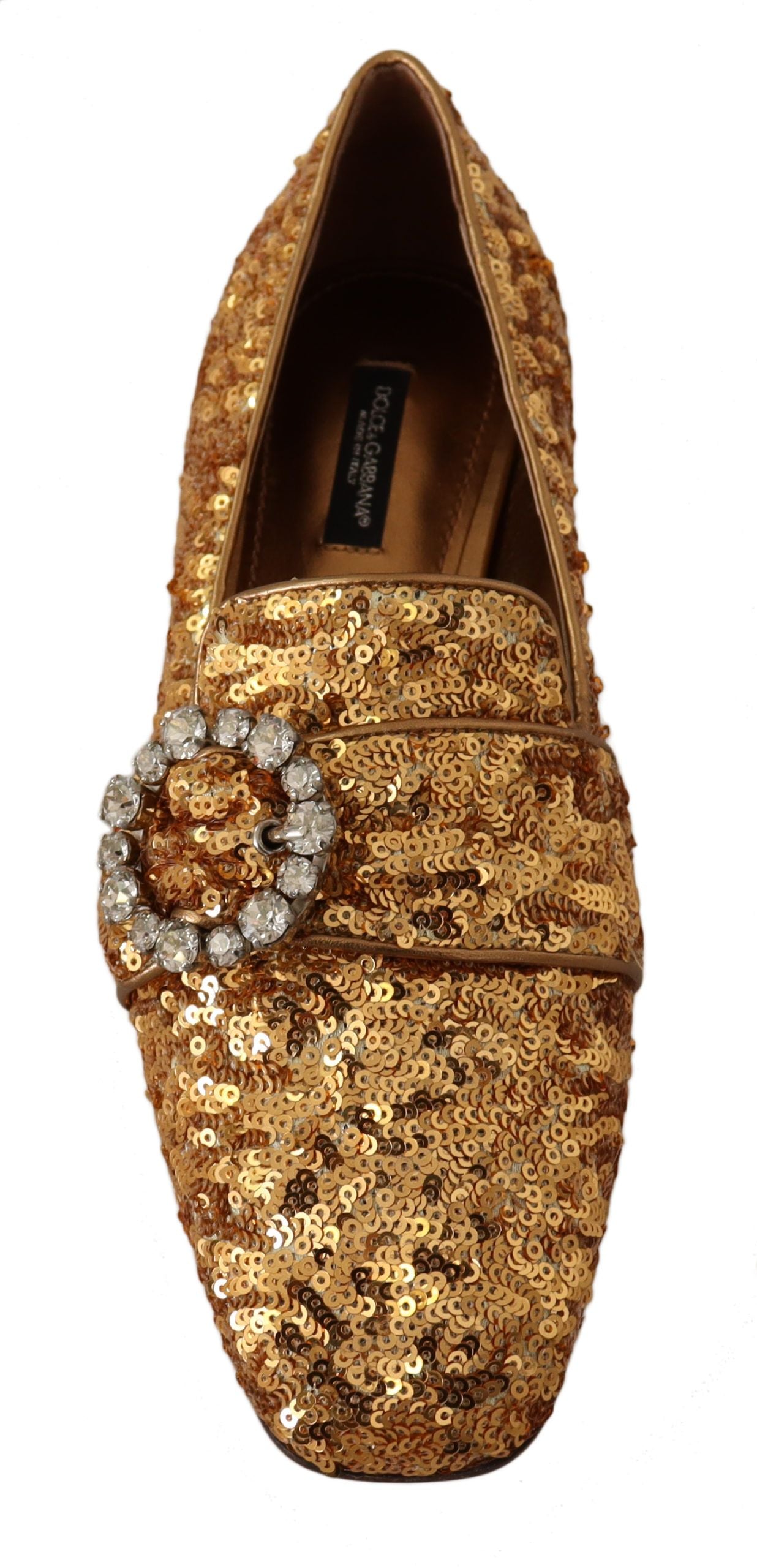 Dolce & Gabbana Gold Pailletten Kristall Flach Frauen Loafers Schuhe