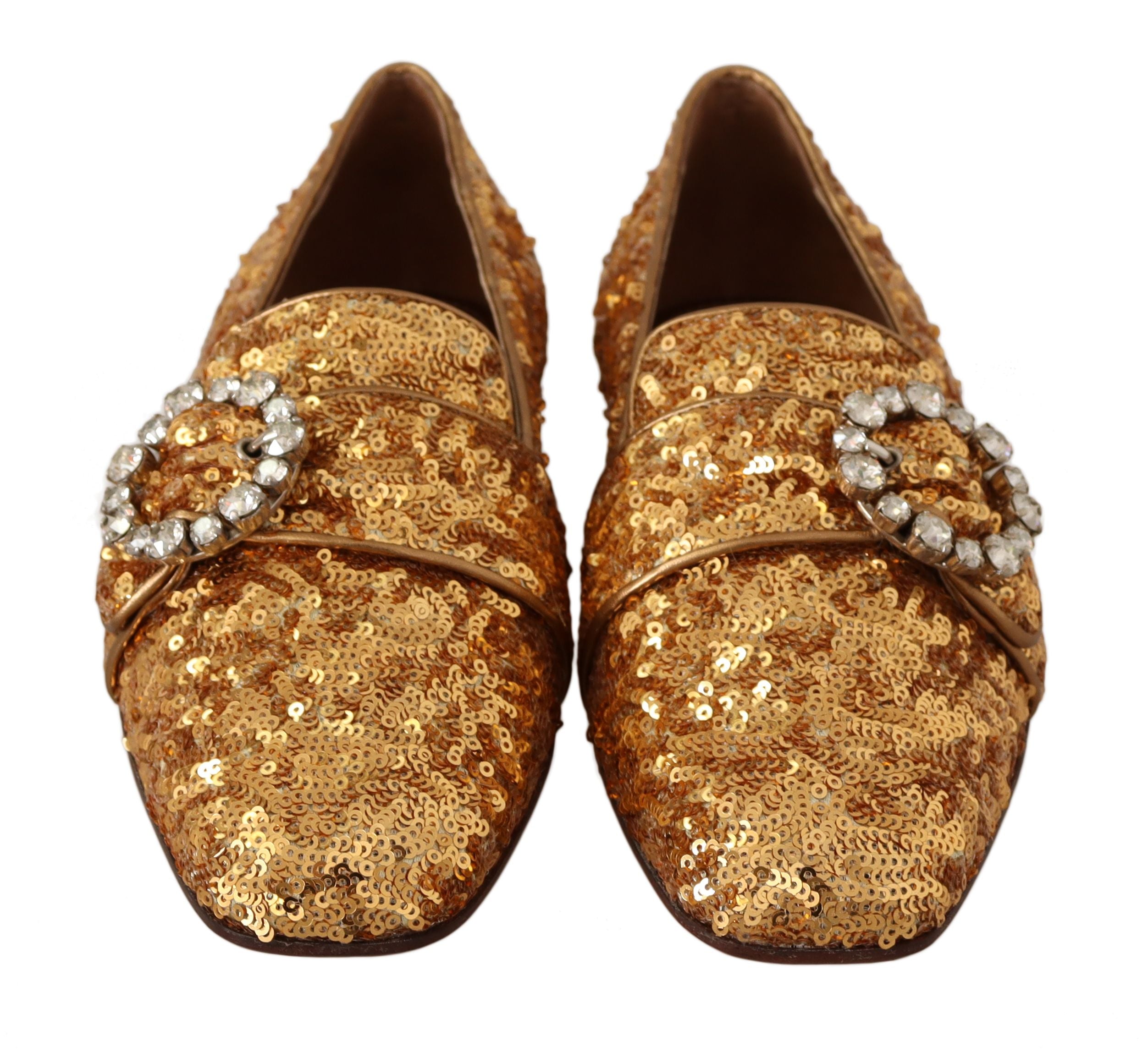 Dolce & Gabbana Gold Pailletten Kristall Flach Frauen Loafers Schuhe