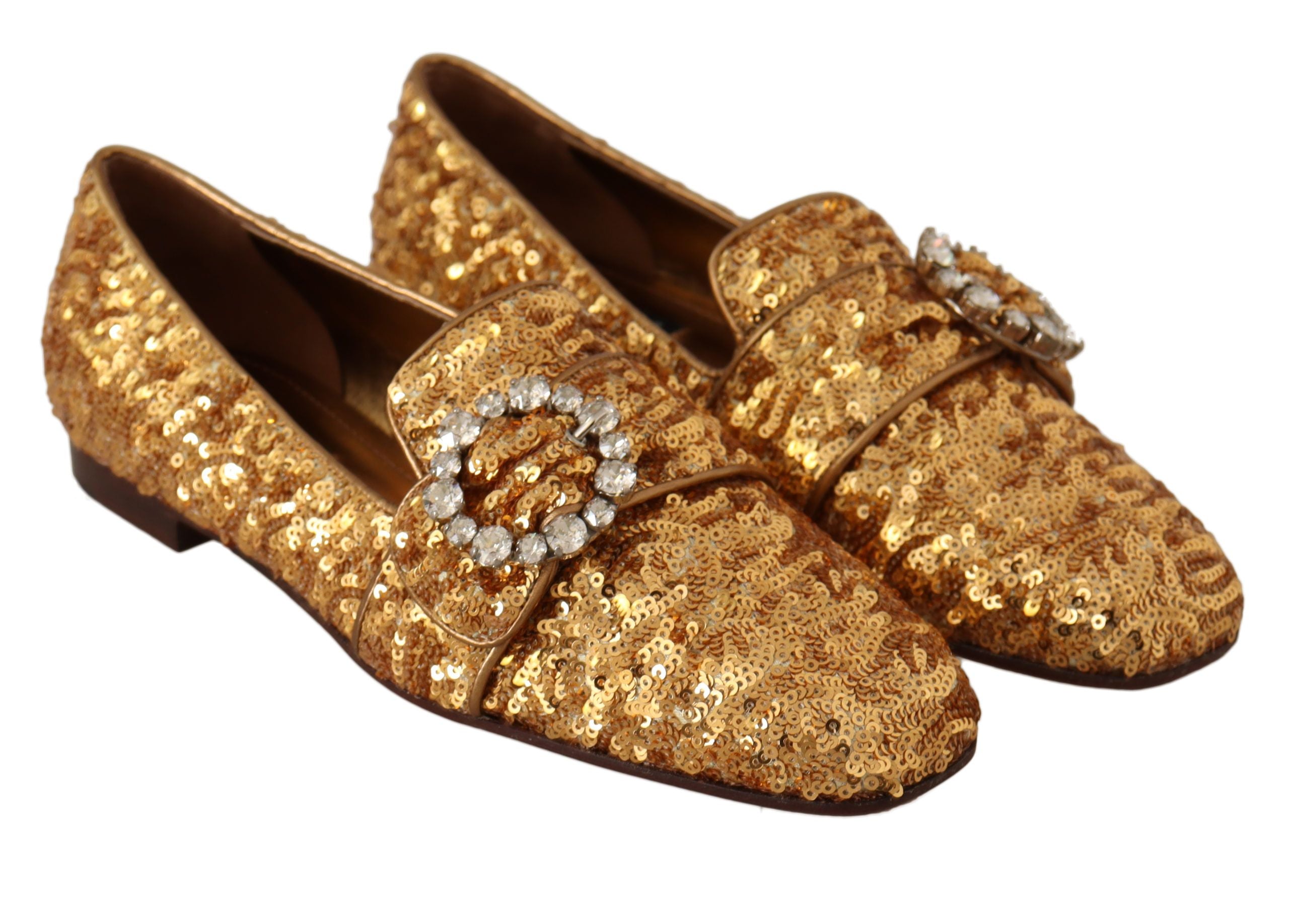 Dolce & Gabbana Gold Pailletten Kristall Flach Frauen Loafers Schuhe