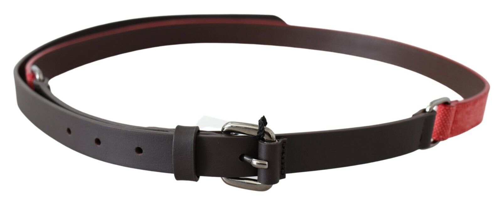 Costume National Red Brown Leather Silver Logo Buckle Belt