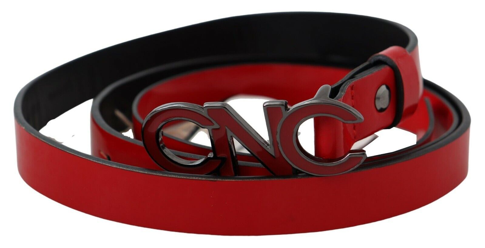 Costume National Red Black Reversible leather logo buckle belt
