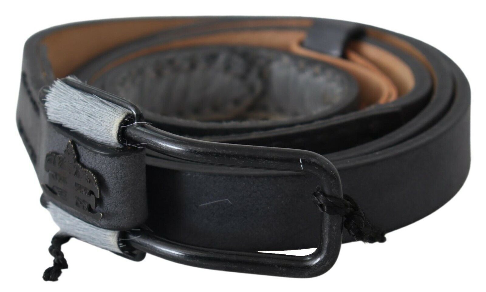 Ermanno Scervino Black Leather Fringe Logo Buckle Belt