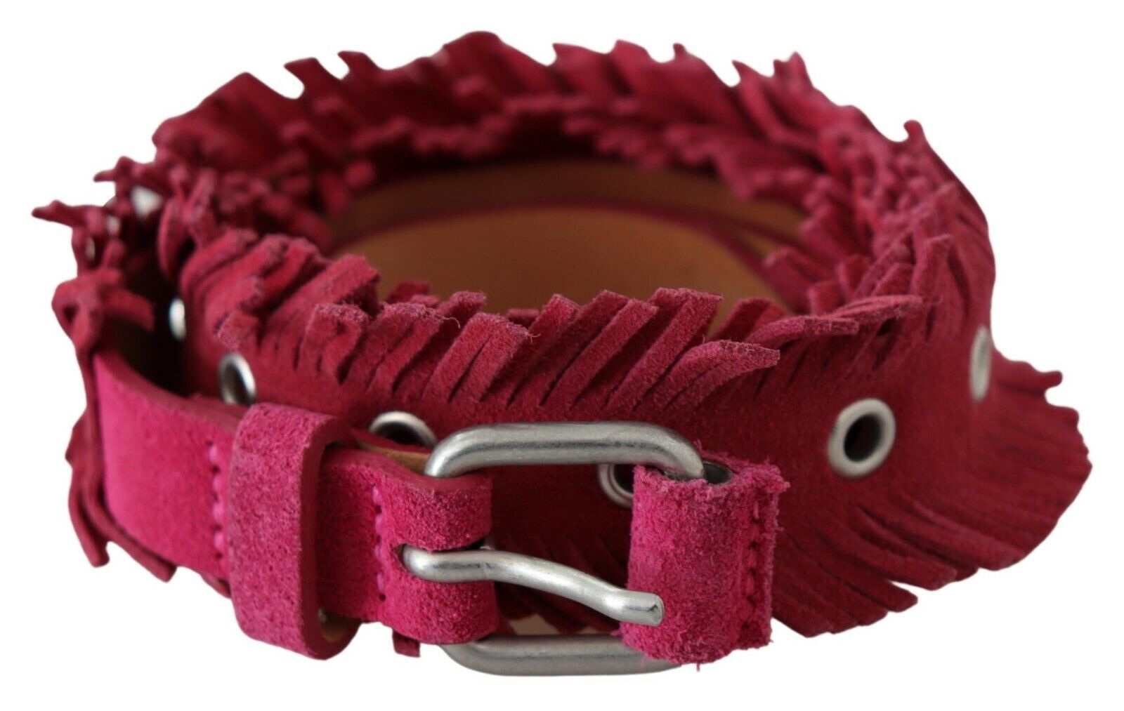 Ermanno Scervino Maroon Leather Fringe Silver Buckle Waist Belt