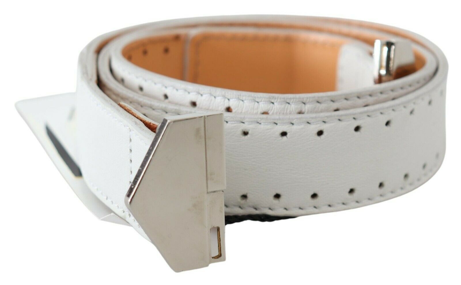 GF Ferre White Leather Hexagon Logo Buckle Belt