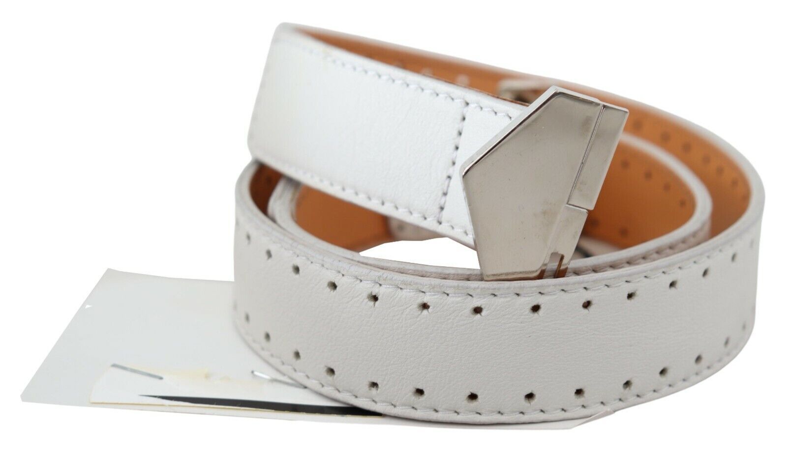GF Ferre White Leather Hexagon Logo Buckle Belt