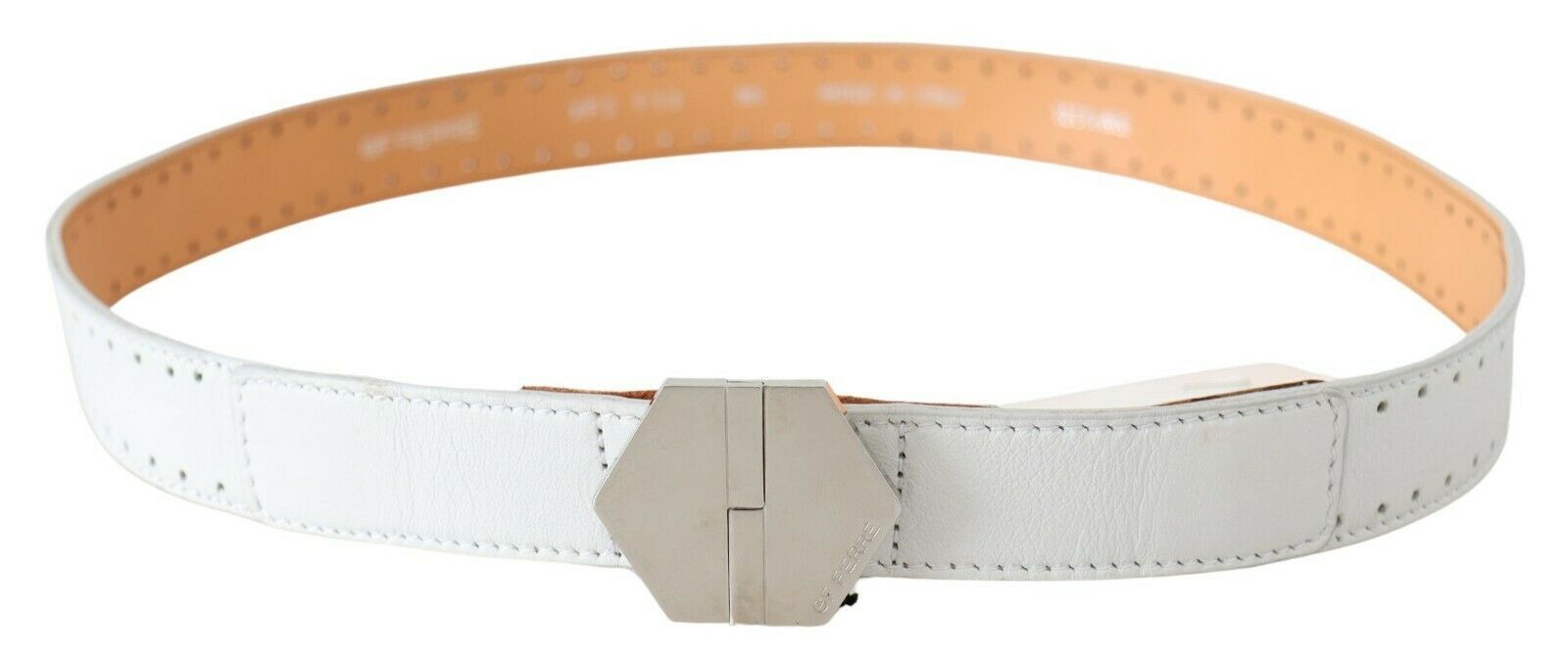 GF Ferre White Leather Hexagon Logo Buckle Belt