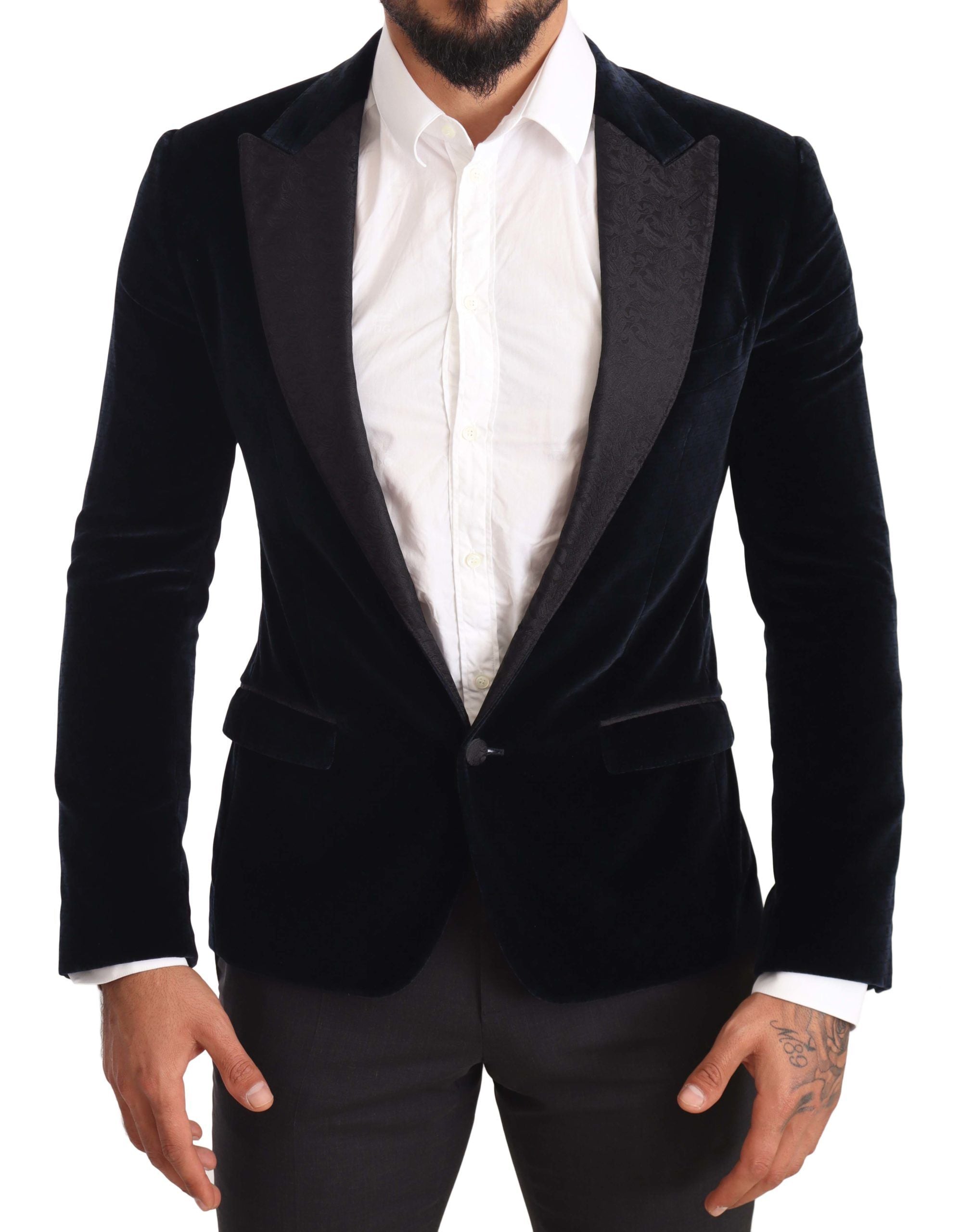 Dolce & Gabbana Blauer Samt-Baumwolle Slim Fit Smoking Anzug