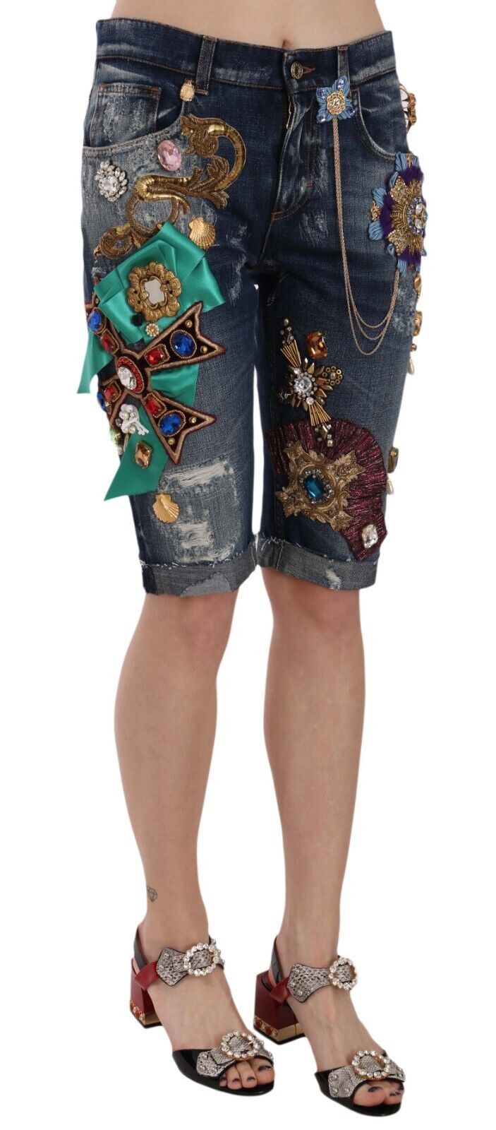 Dolce & Gabbana Blaue Denim Mid Waist Crystal Capri Shorts
