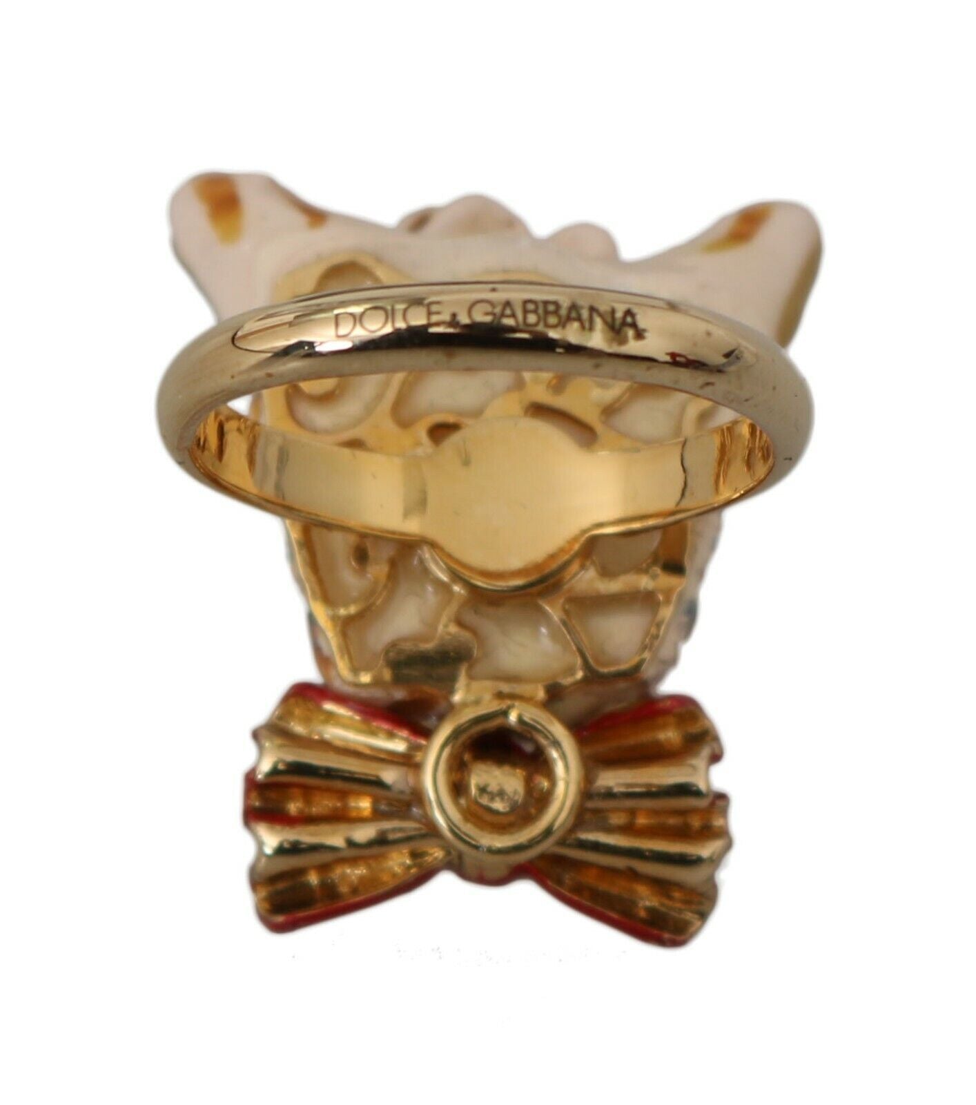 Dolce &amp; Gabbana Beige Dog Pet Branding Accessory Gold Brass Resin Ring