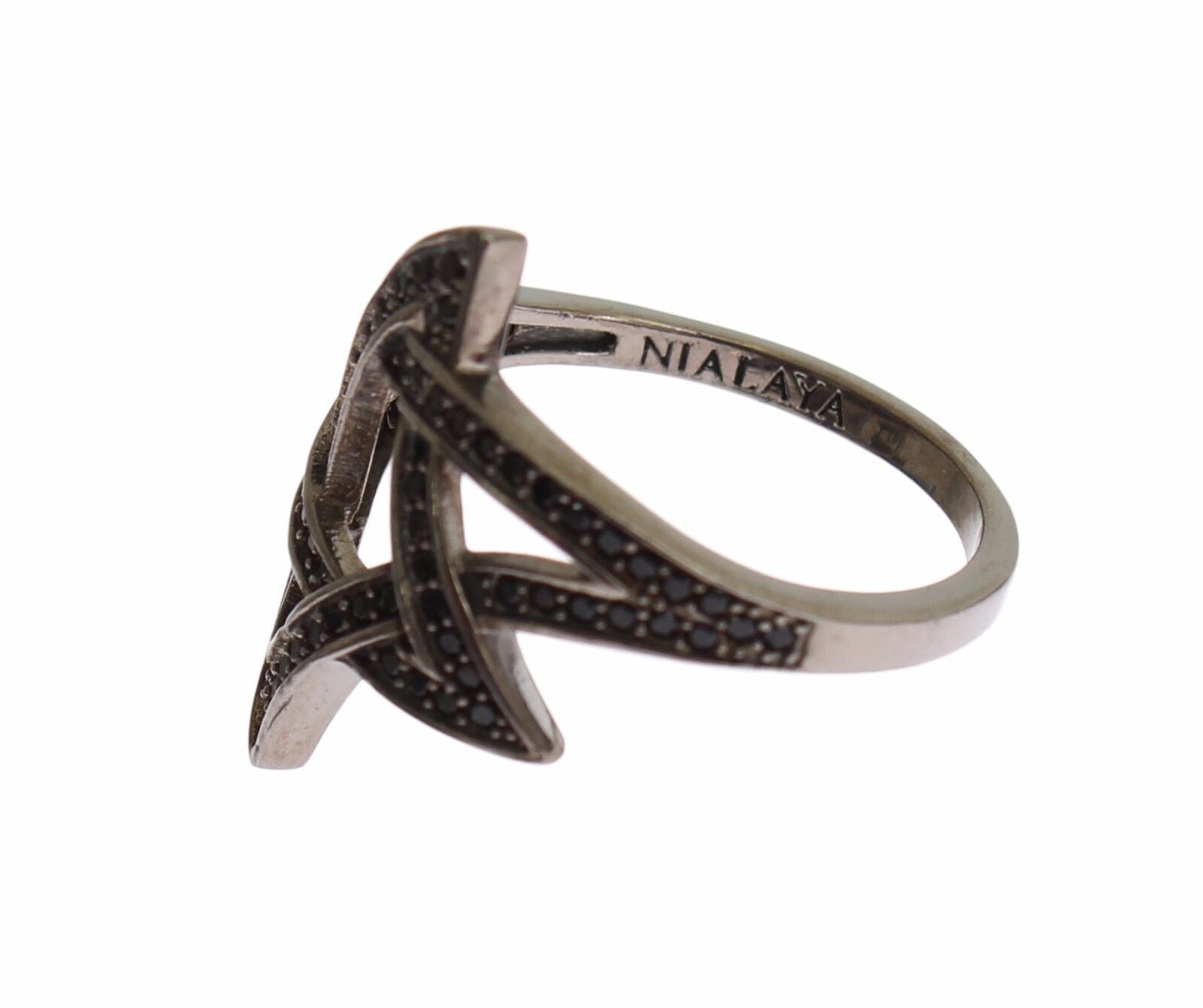 Nialaya Black CZ Rhodium 925 Silver Women's Ring