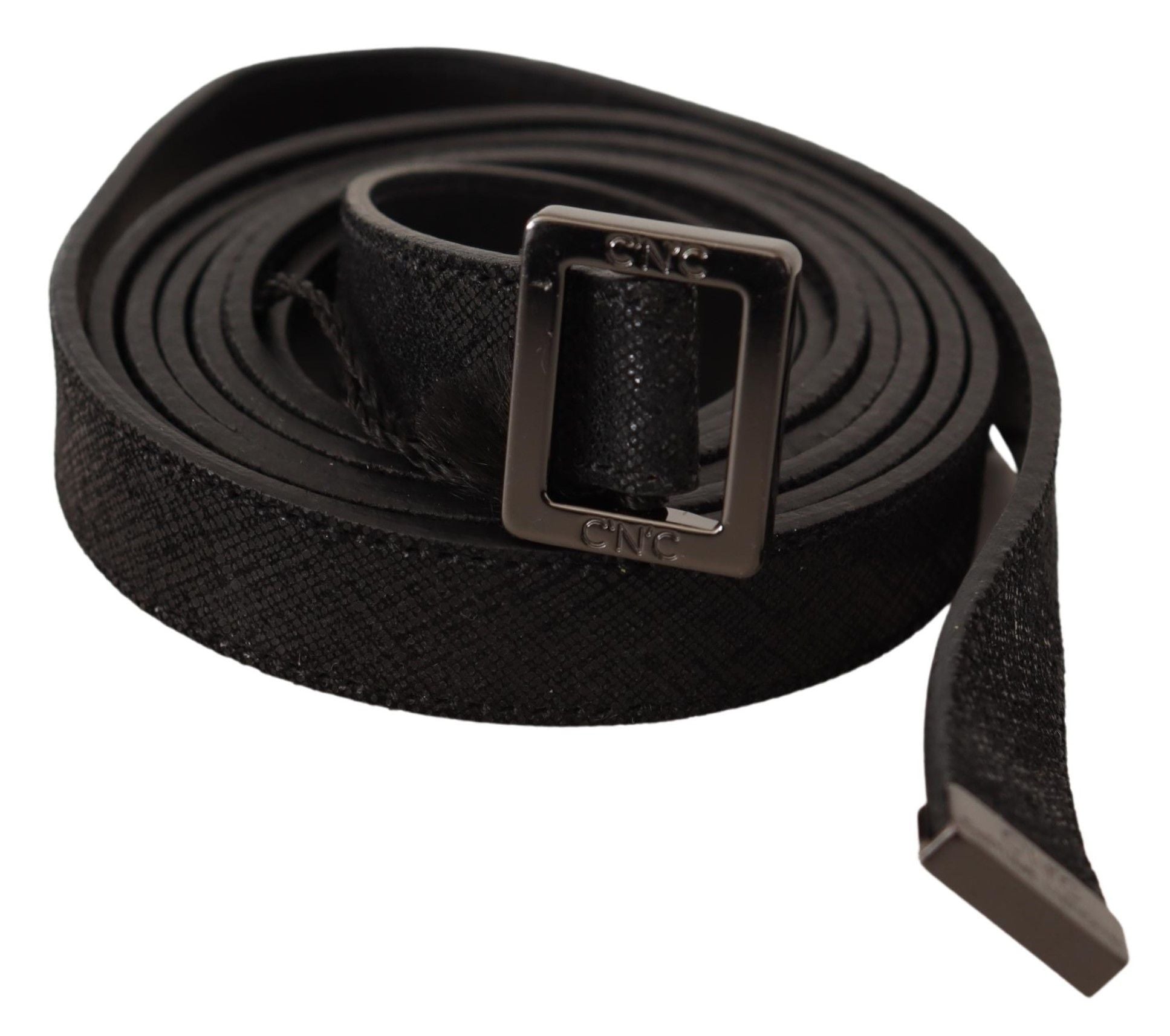 Costume National Black Leather Belt with Metal Buckle