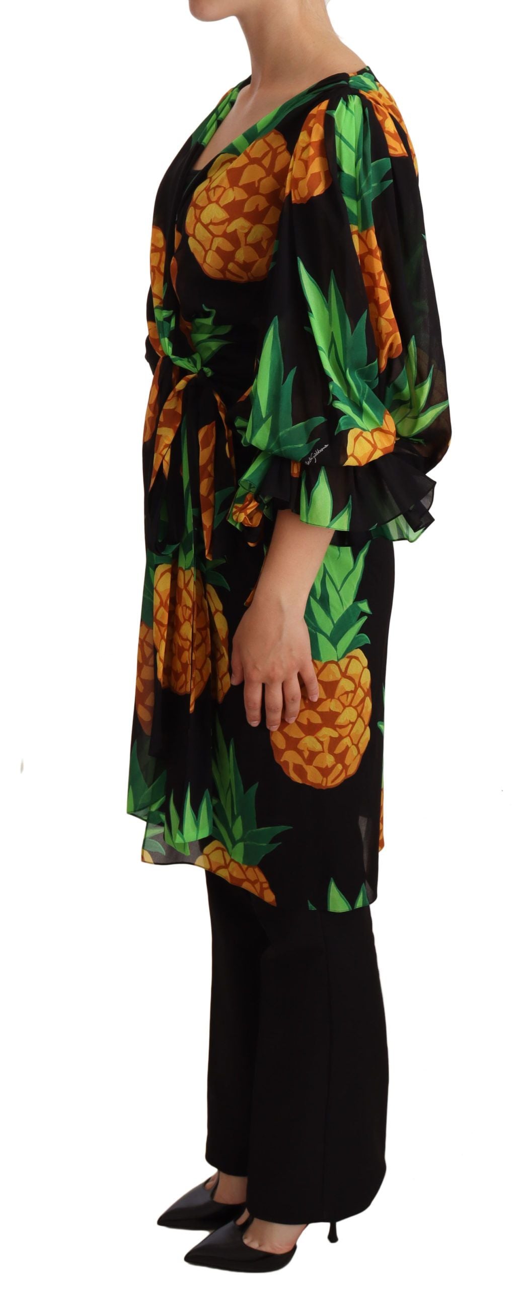 Dolce & Gabbana Schwarzes Ananas Print Wickelkleid aus Stretch-Seide