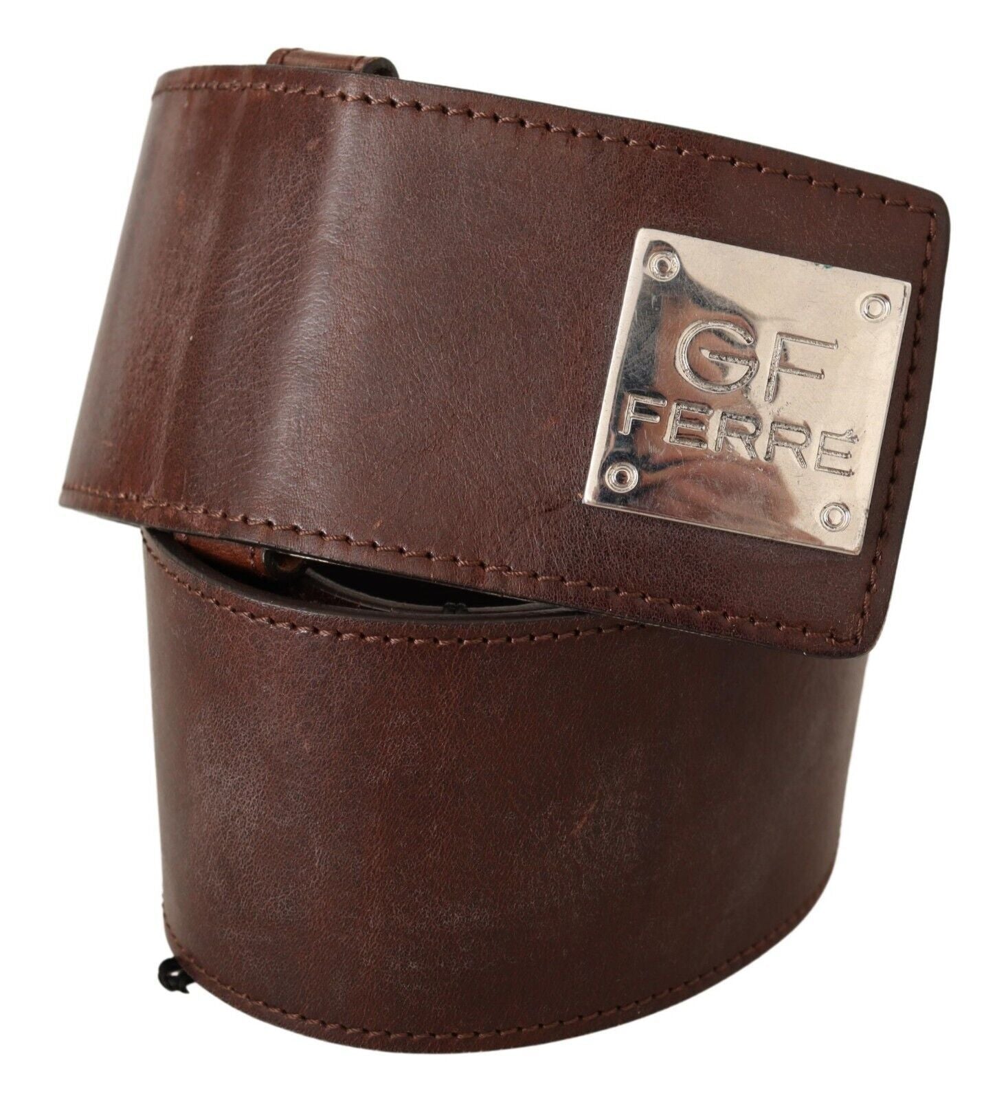 GF Ferre brown genuine leather belt with wide logo buckle
