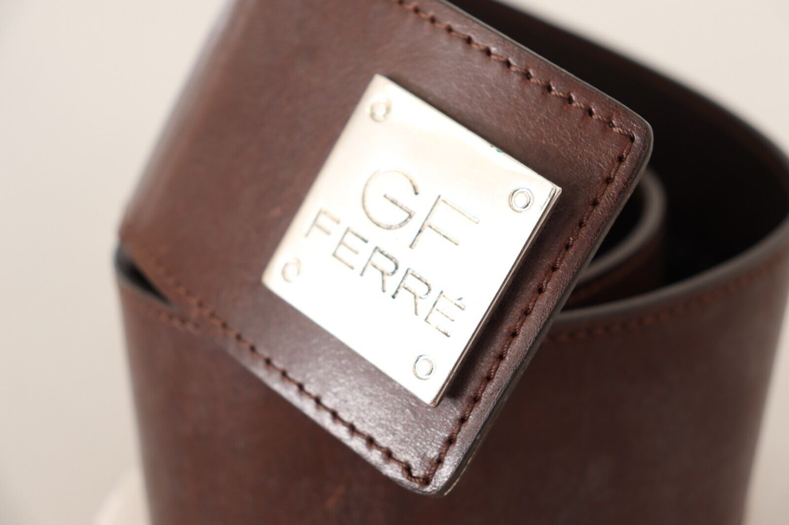 GF Ferre brown genuine leather belt with wide logo buckle