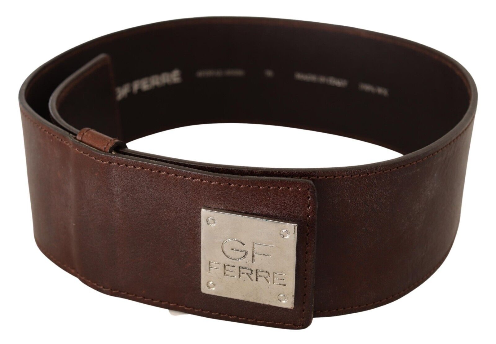 GF Ferre brown genuine leather belt with wide logo buckle