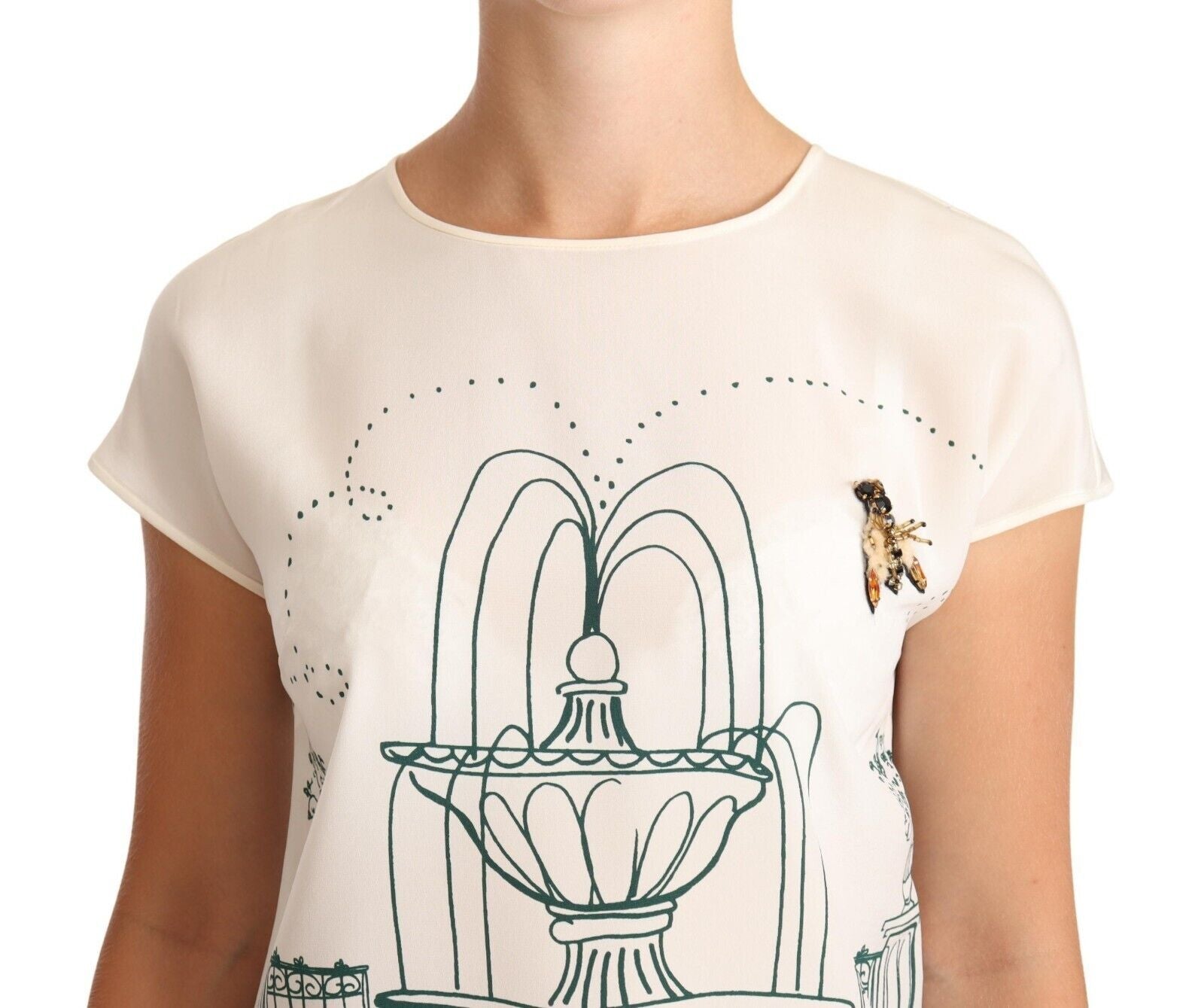 Dolce & Gabbana T-Shirt-Bluse aus weißer Seide mit Gartenbrunnen
