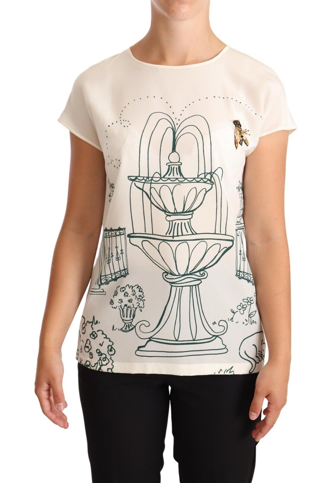 Dolce & Gabbana T-Shirt-Bluse aus weißer Seide mit Gartenbrunnen