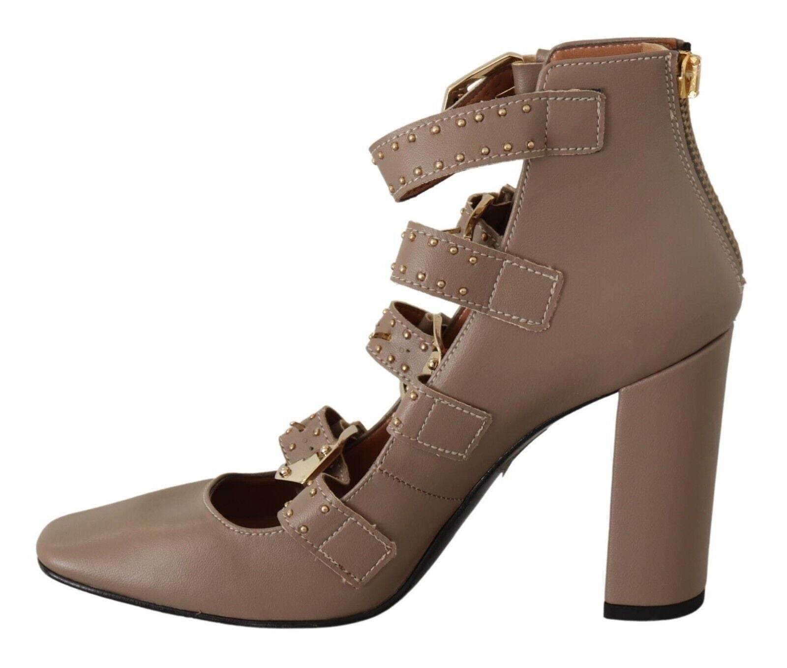 MY TWIN Brown Leather Block Heel Multi Buckle Pumps Shoes