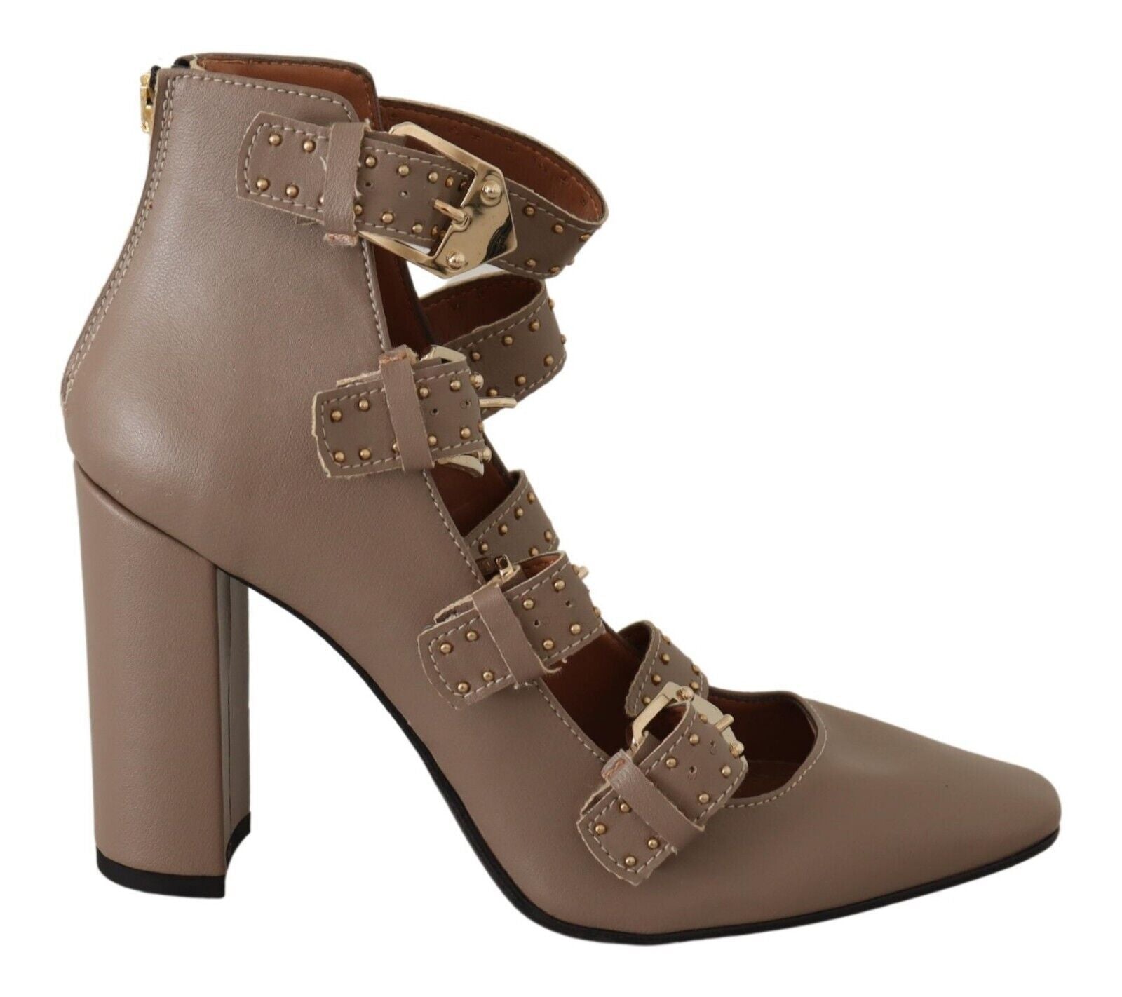 MY TWIN Brown Leather Block Heel Multi Buckle Pumps Shoes