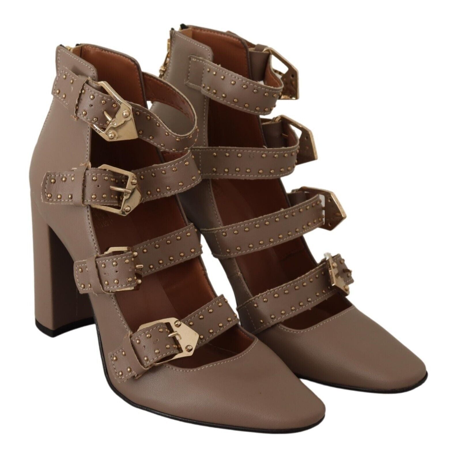 MY TWIN Brown Leather Block Heel Multi Buckle Pumps Shoes