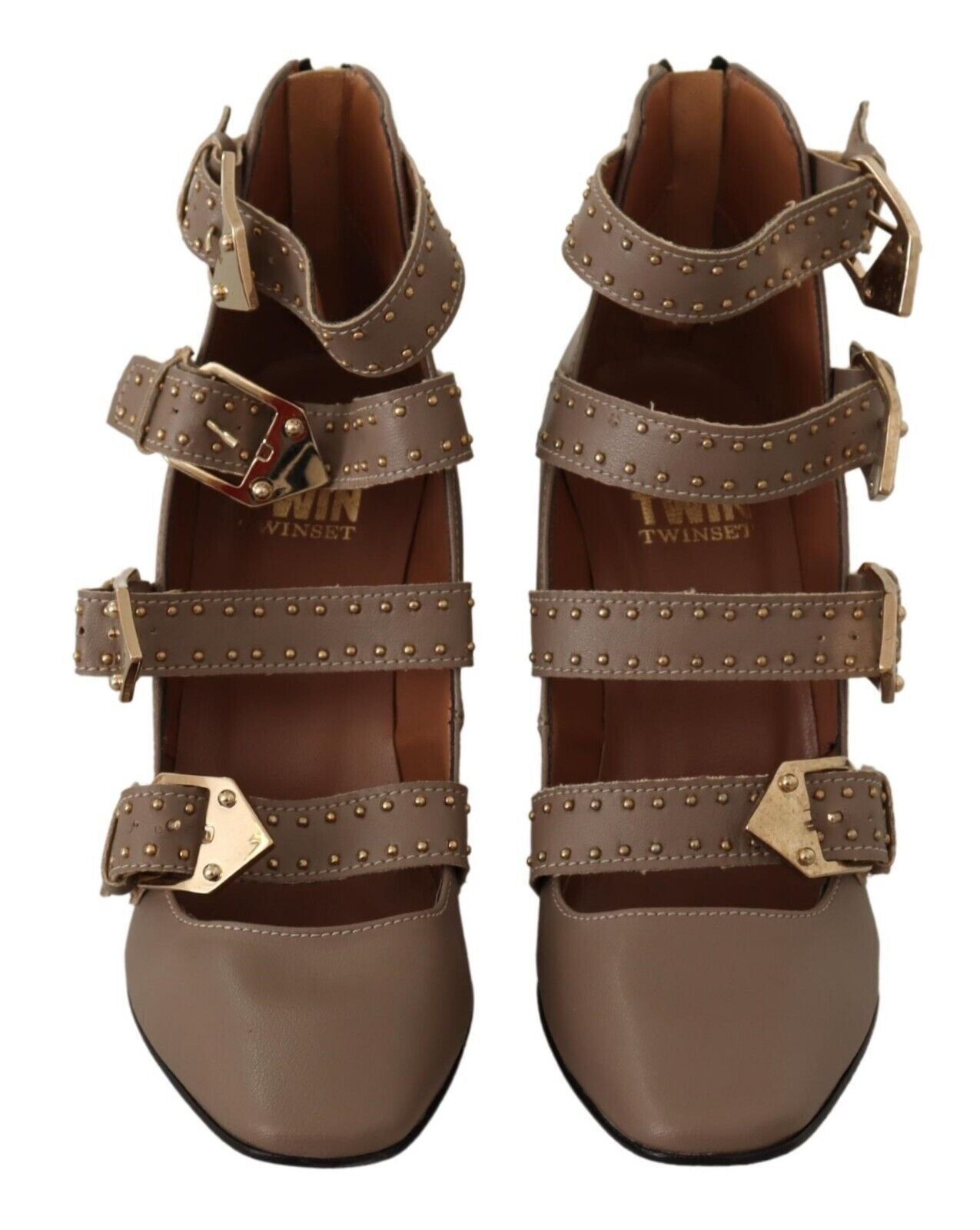 MY TWIN Brown Leather Block Heel Multi Buckle Pumps Shoes