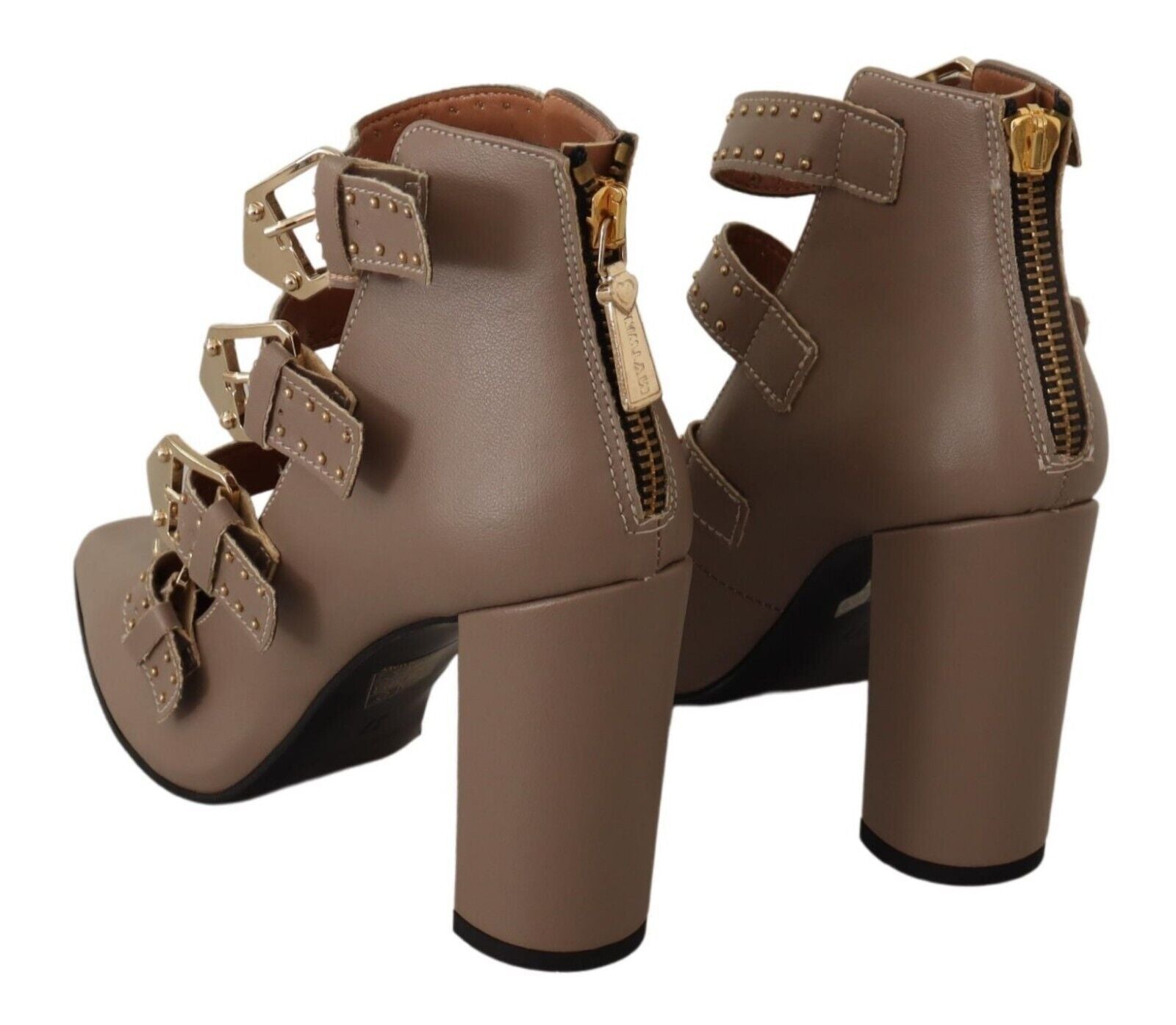 MY TWIN Brown Leather Block Heel Multi Buckle Pumps Shoes