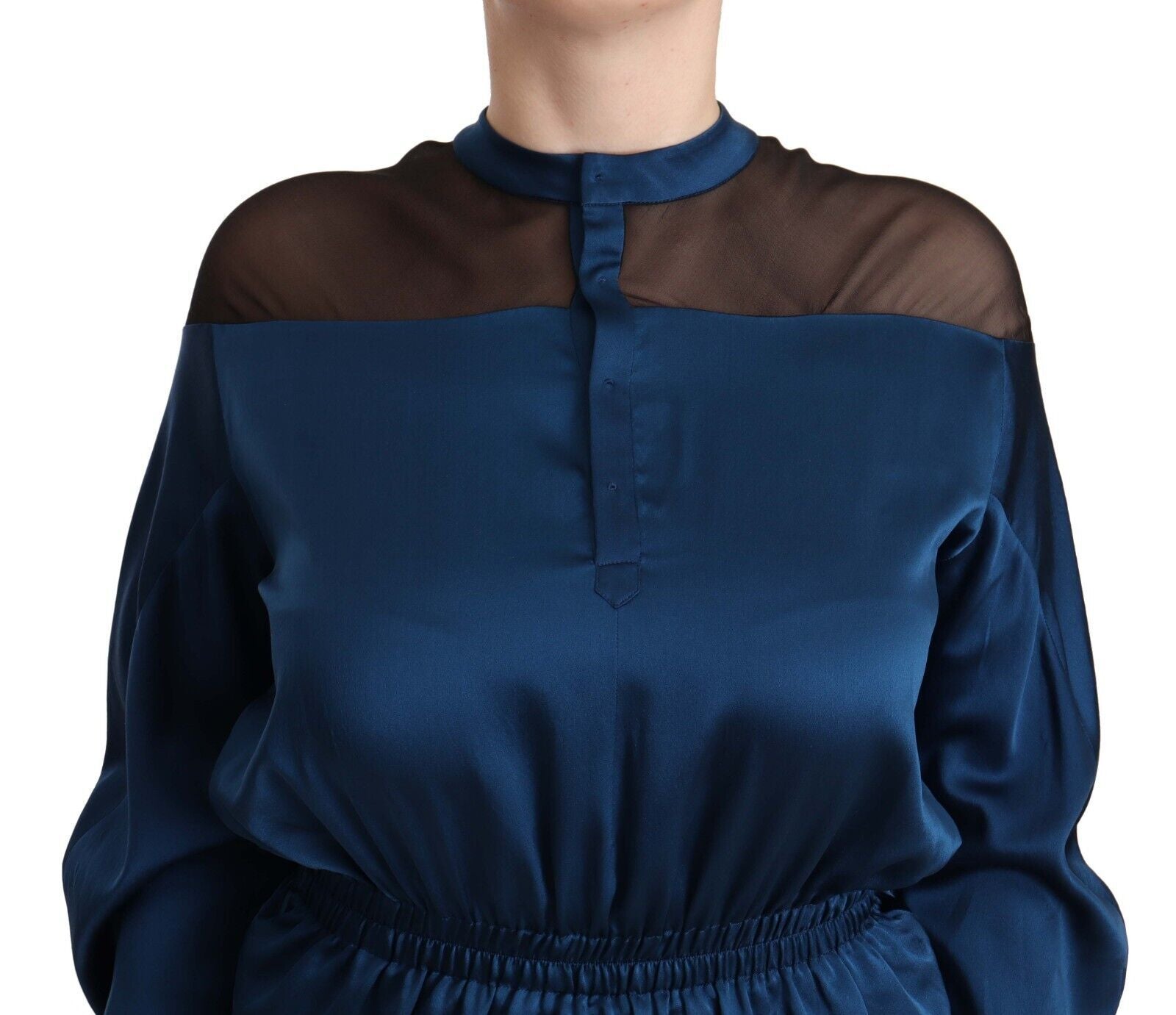Masha Ma Blaues Seidentop mit langen Ärmeln und elastischer Taille Bluse
