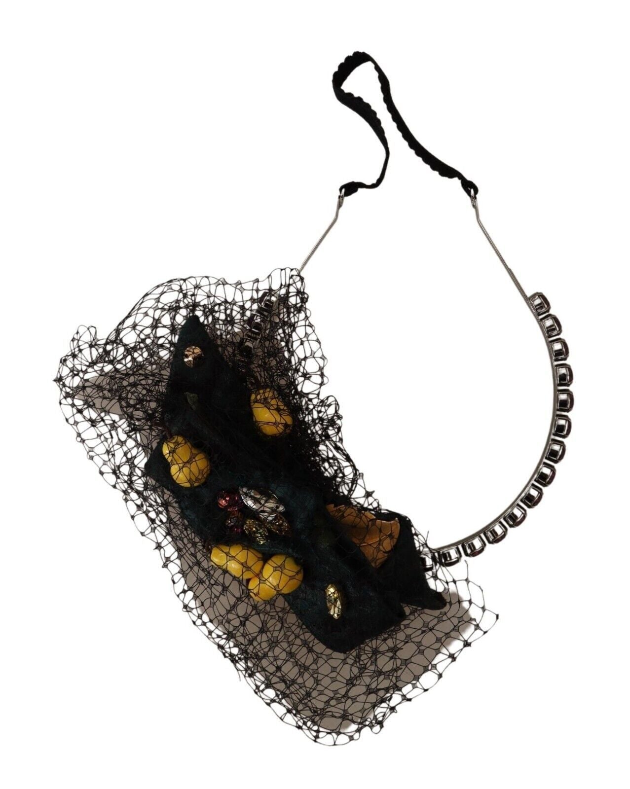 Dolce & Gabbana Silber Tiara Kristalle Früchte Schwarz Mesh Diadem Stirnband