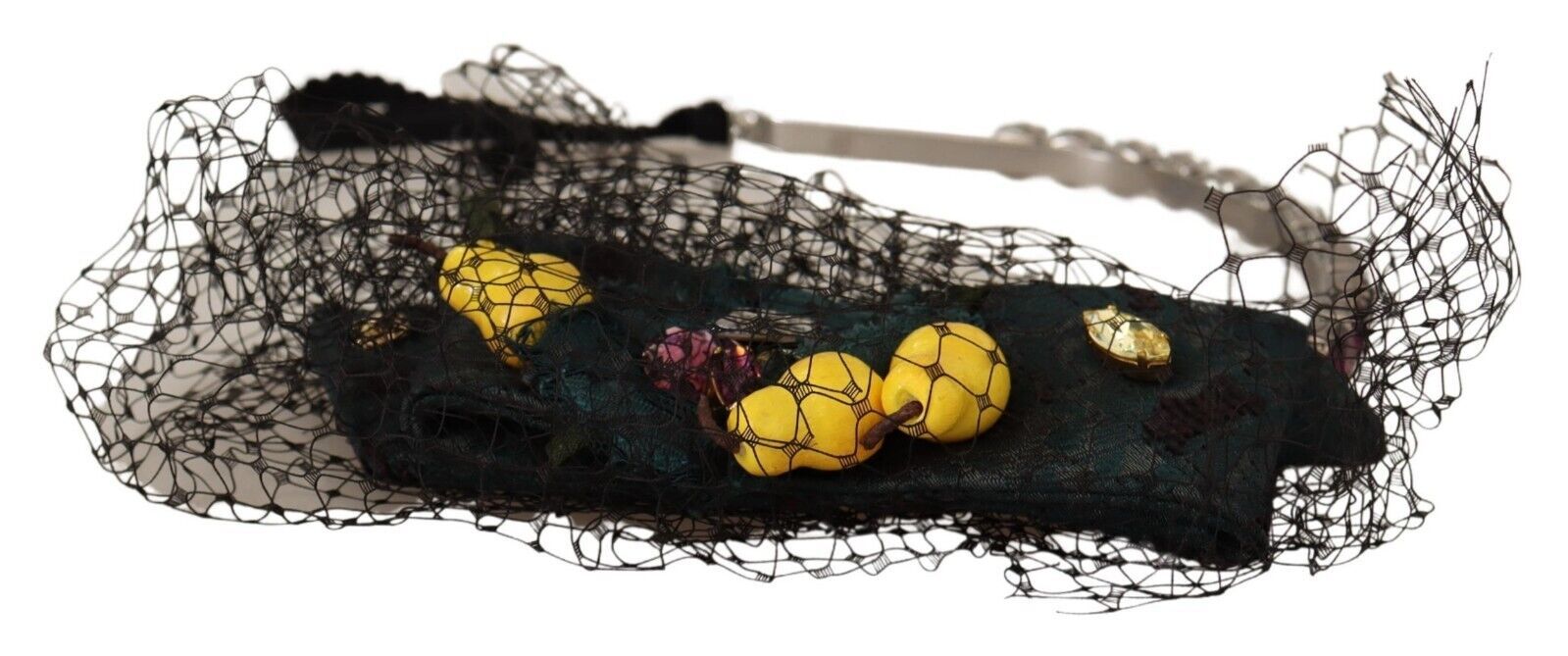 Dolce & Gabbana Silber Tiara Kristalle Früchte Schwarz Mesh Diadem Stirnband