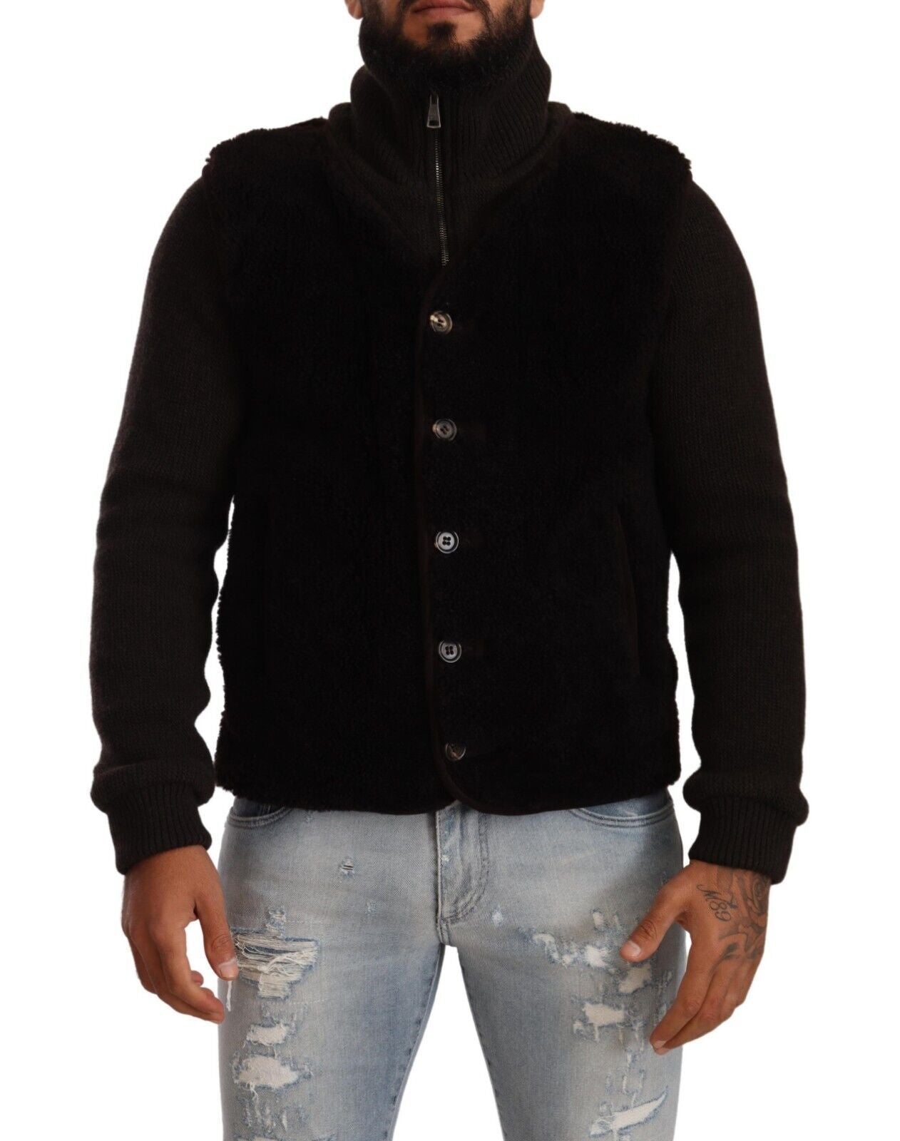 Dolce & Gabbana Schwarzes Leder Herren Turtle Neck Mantel Jacke