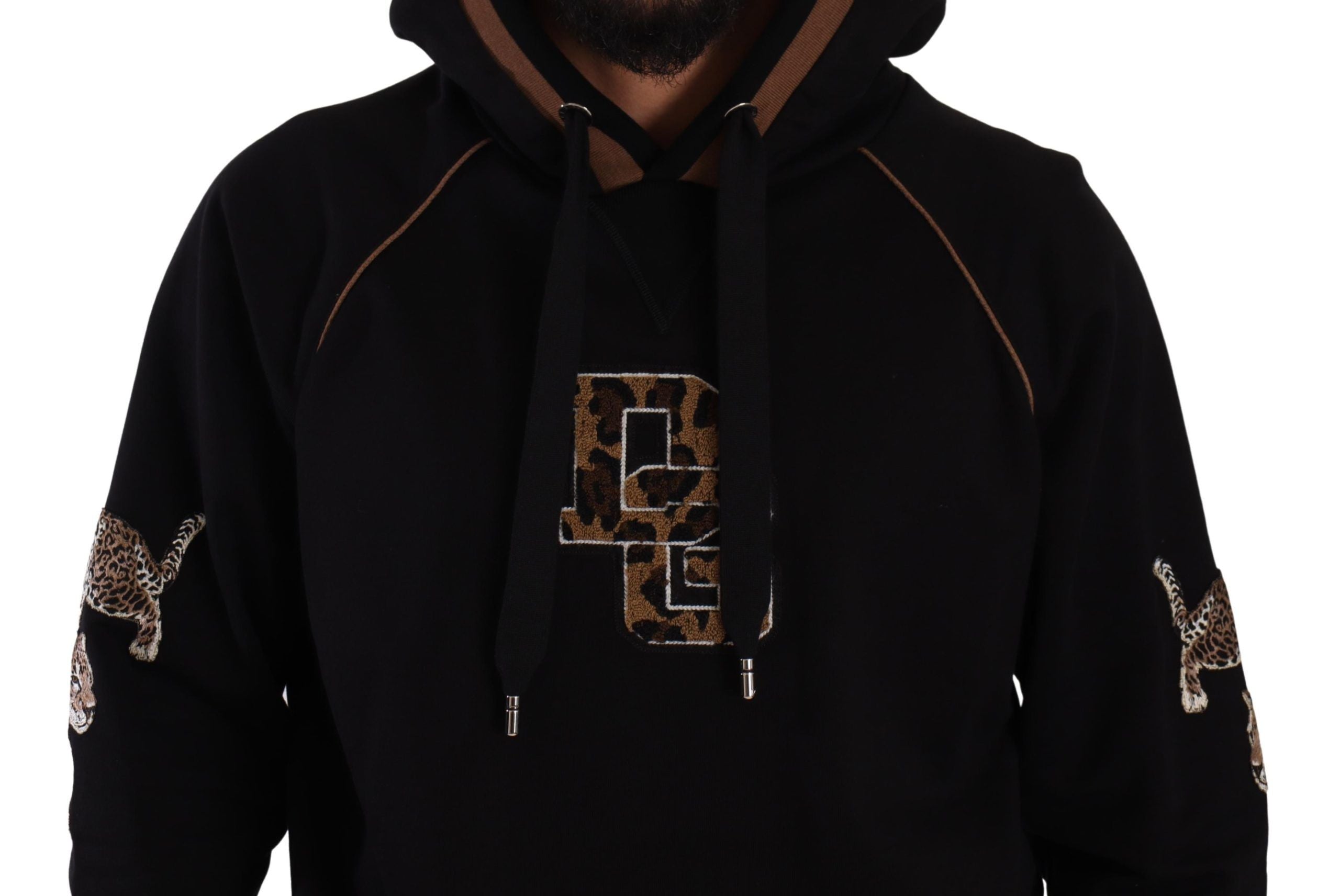 Dolce & Gabbana Schwarzer brauner Leopard Pullover mit Kapuze aus Baumwolle