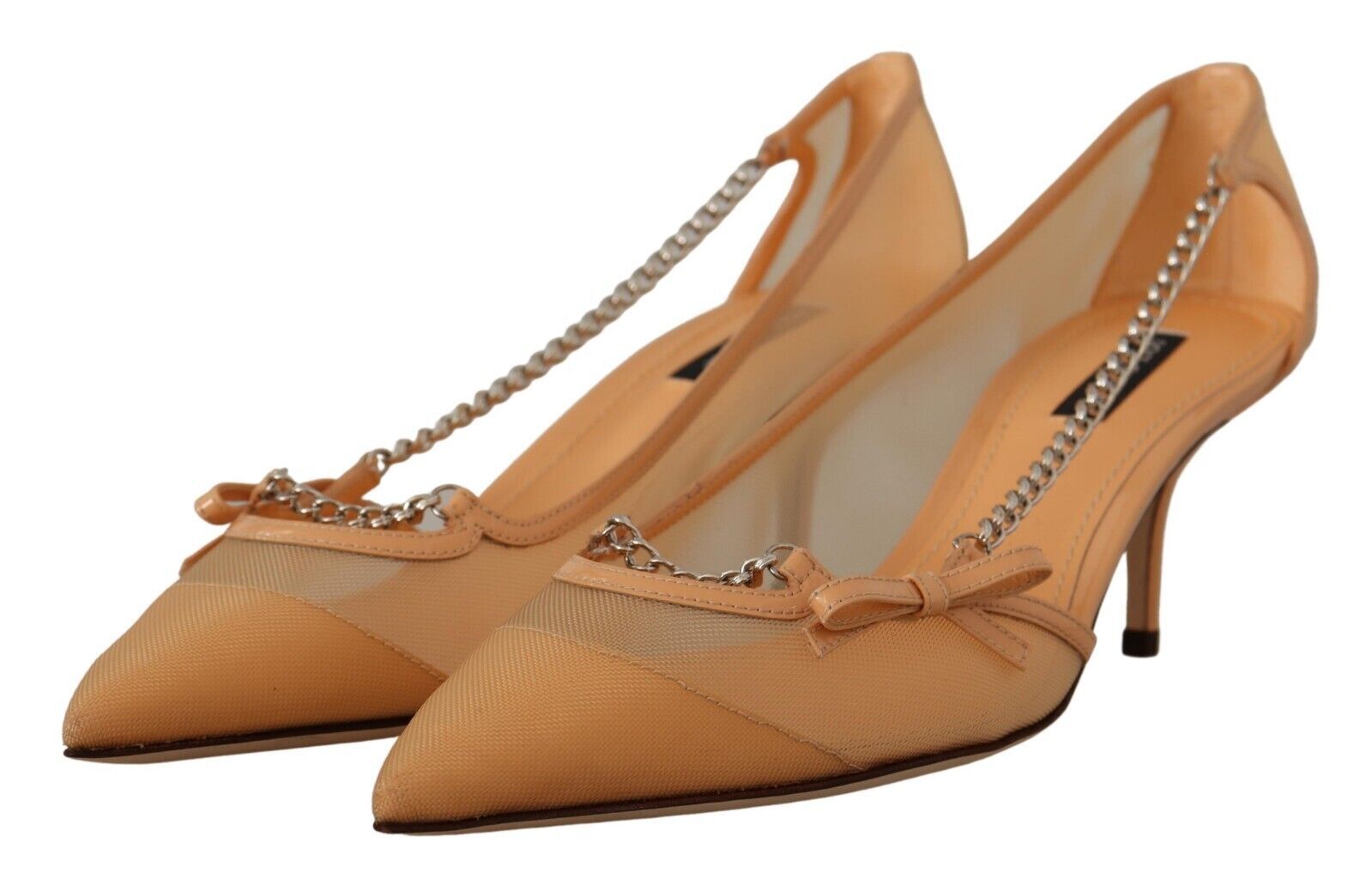 Dolce &amp; Gabbana Peach Mesh Leather Chain Heels Pumps Shoes