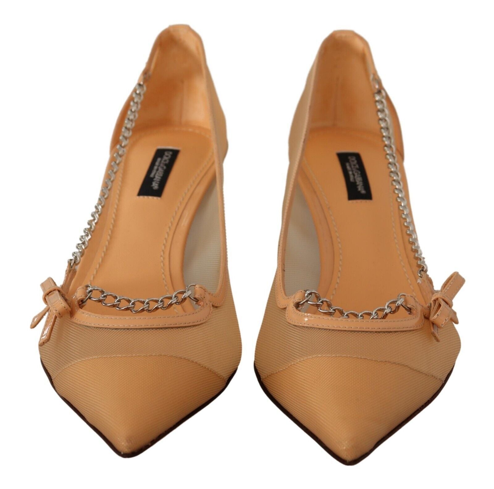 Dolce &amp; Gabbana Peach Mesh Leather Chain Heels Pumps Shoes