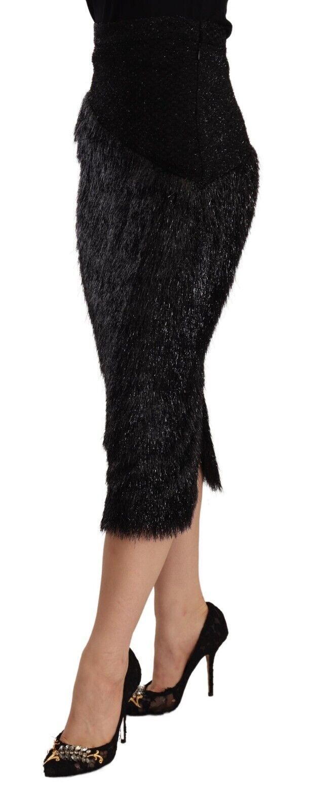 Masha Ma Siyah Simli Kalem Midi Viskon Yüksek Bel Etek