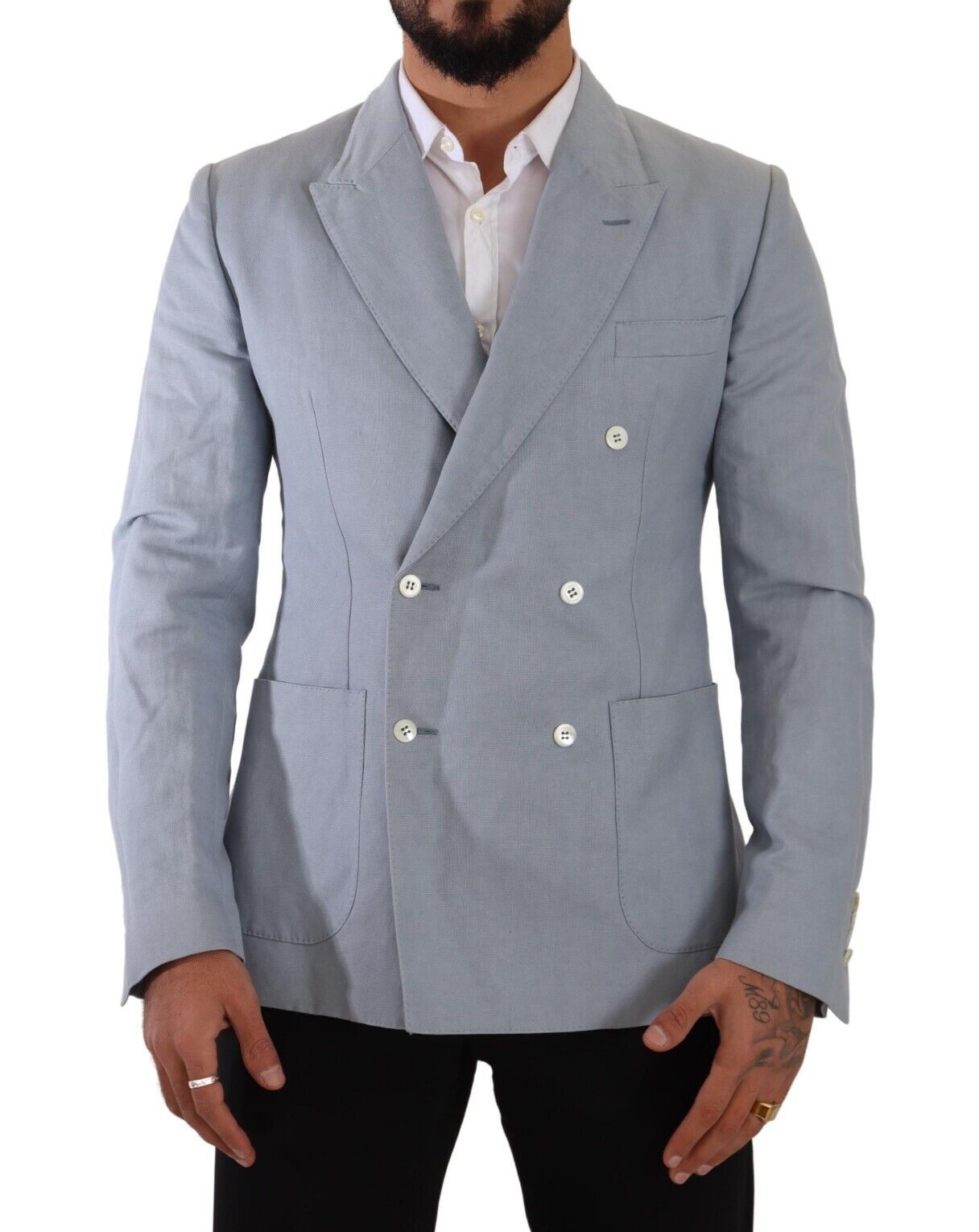 Dolce & Gabbana Blaue Baumwolle Leinen Slim Fit Jacke Mantel Blazer
