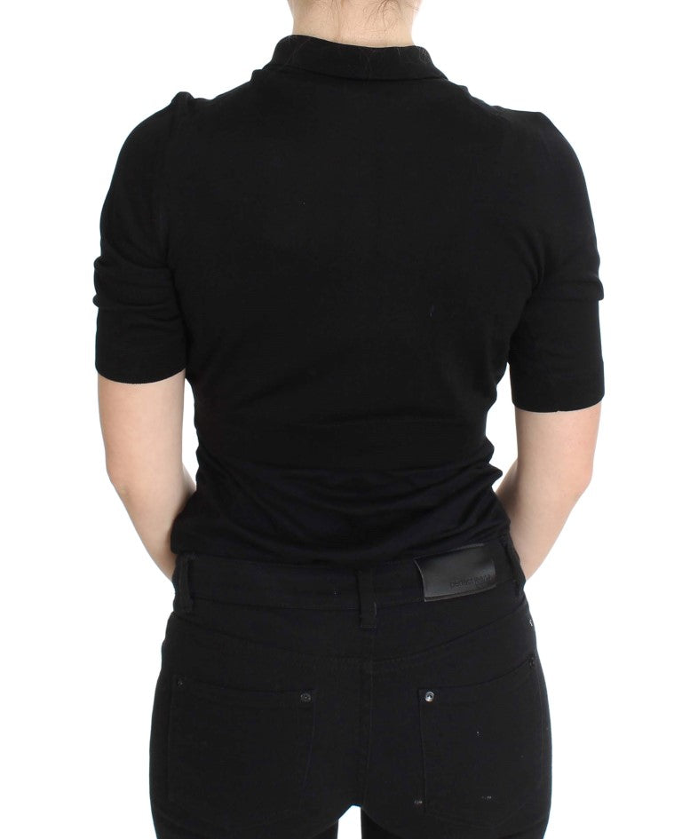 Dolce &amp; Gabbana black silk polo shirt with floral embroidery