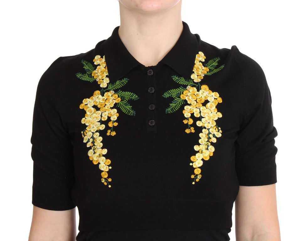 Dolce &amp; Gabbana black silk polo shirt with floral embroidery