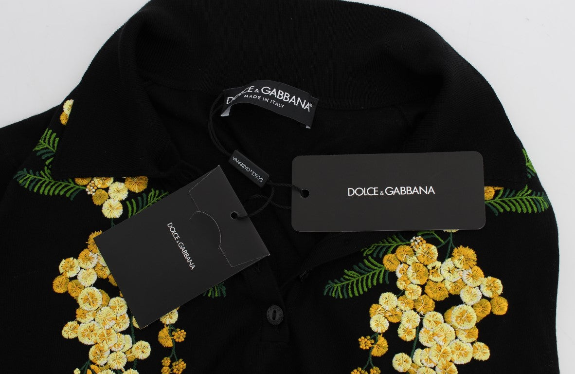 Dolce &amp; Gabbana black silk polo shirt with floral embroidery