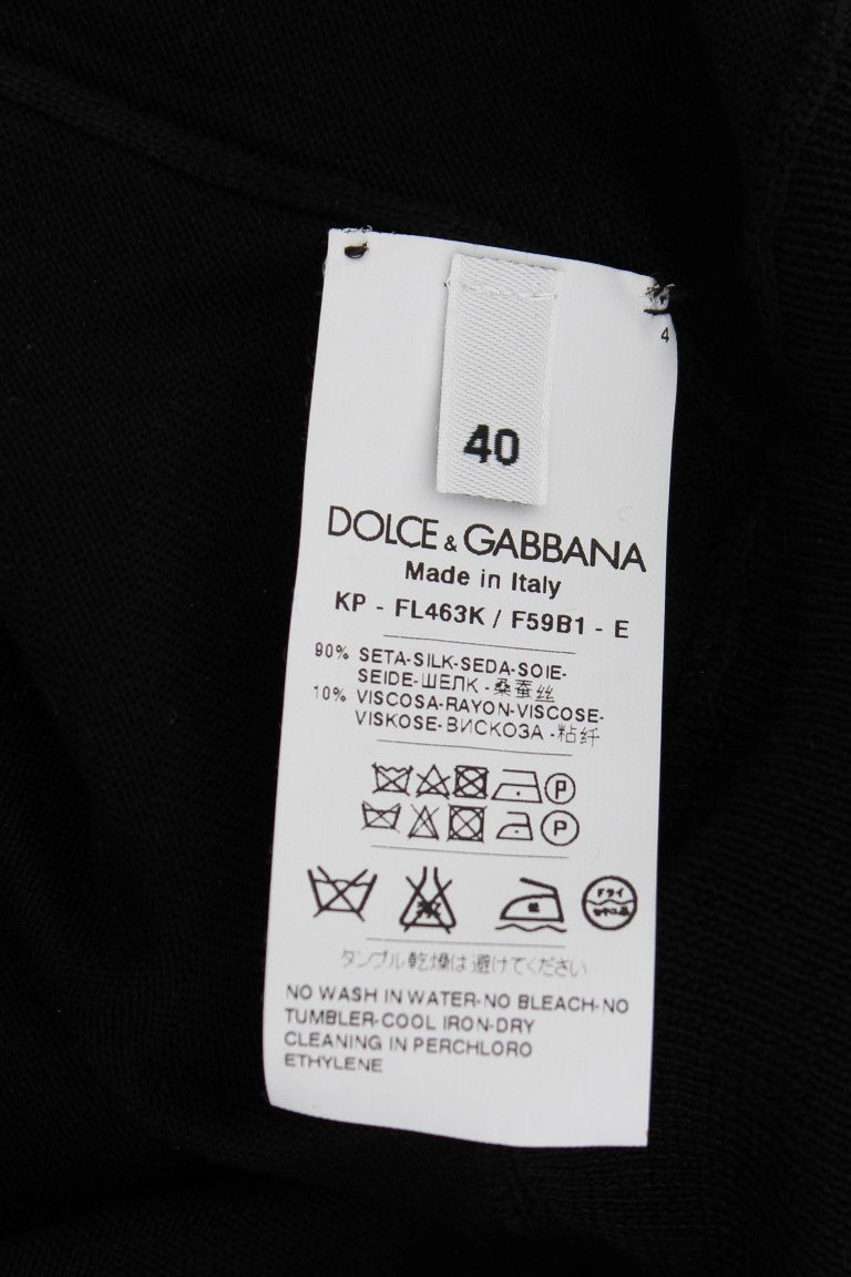 Dolce &amp; Gabbana black silk polo shirt with floral embroidery