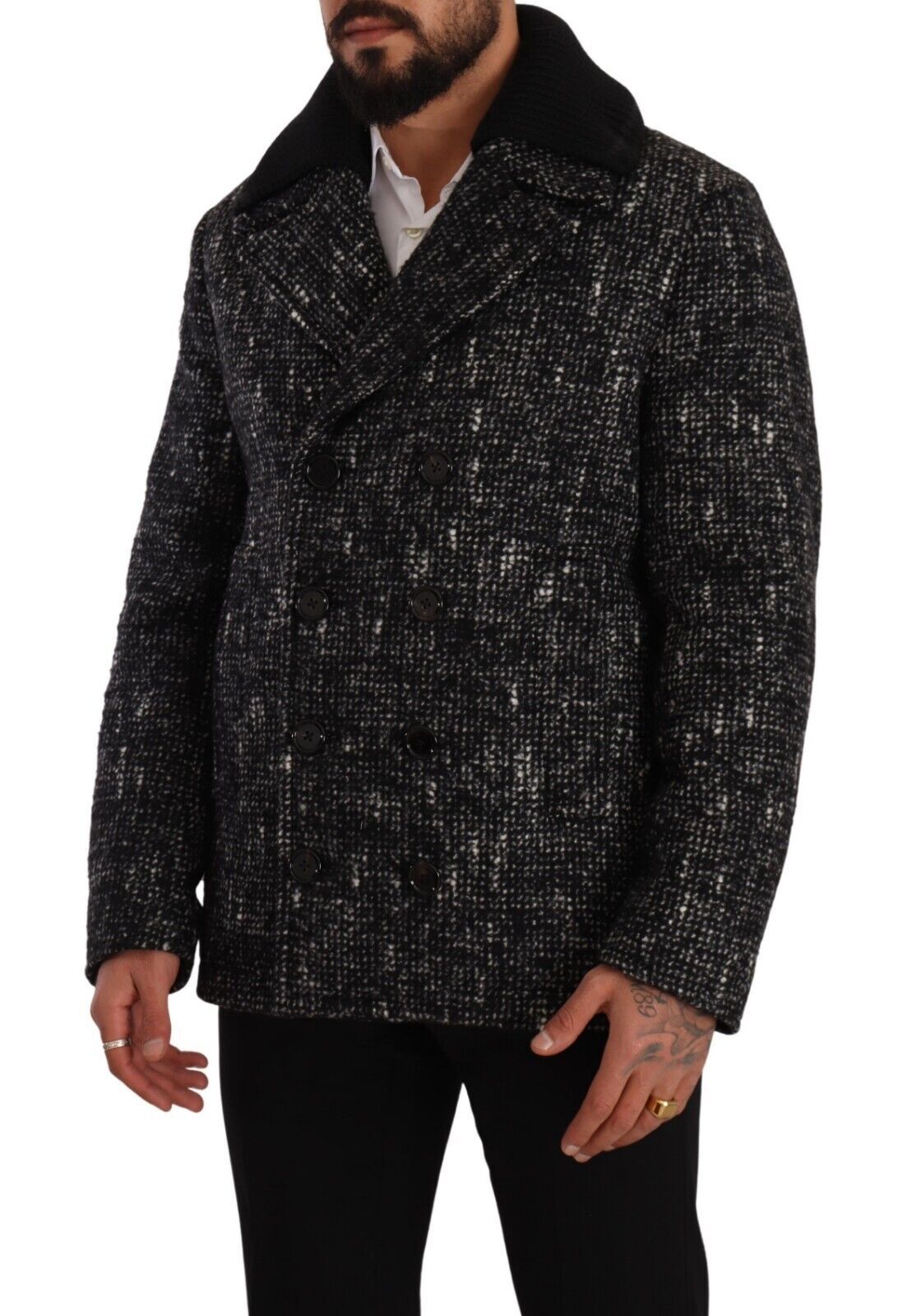 Dolce & Gabbana Schwarzer Wollmantel Zweireiher Herrenjacke